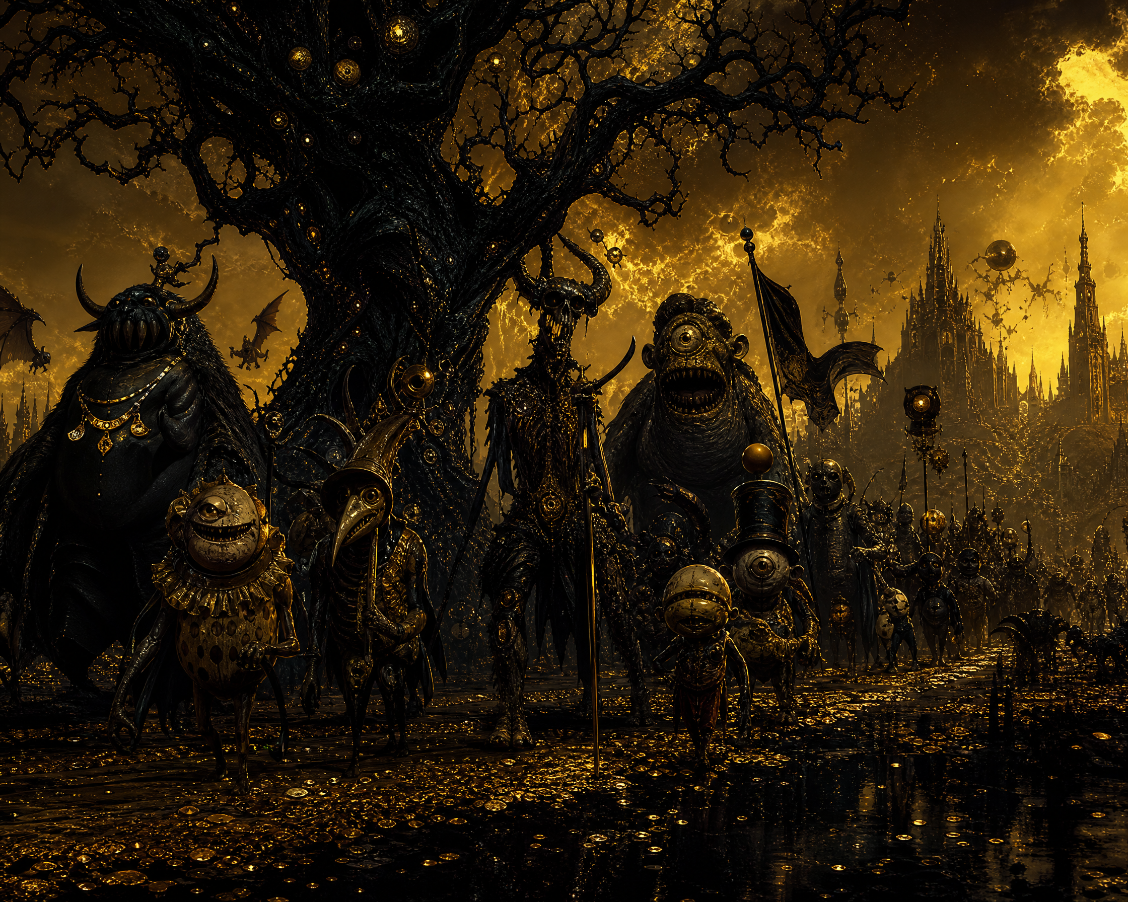 Dark fantasy procession of horned creatures marching under a gold-lit sky near a twisted tree and gothic towers.