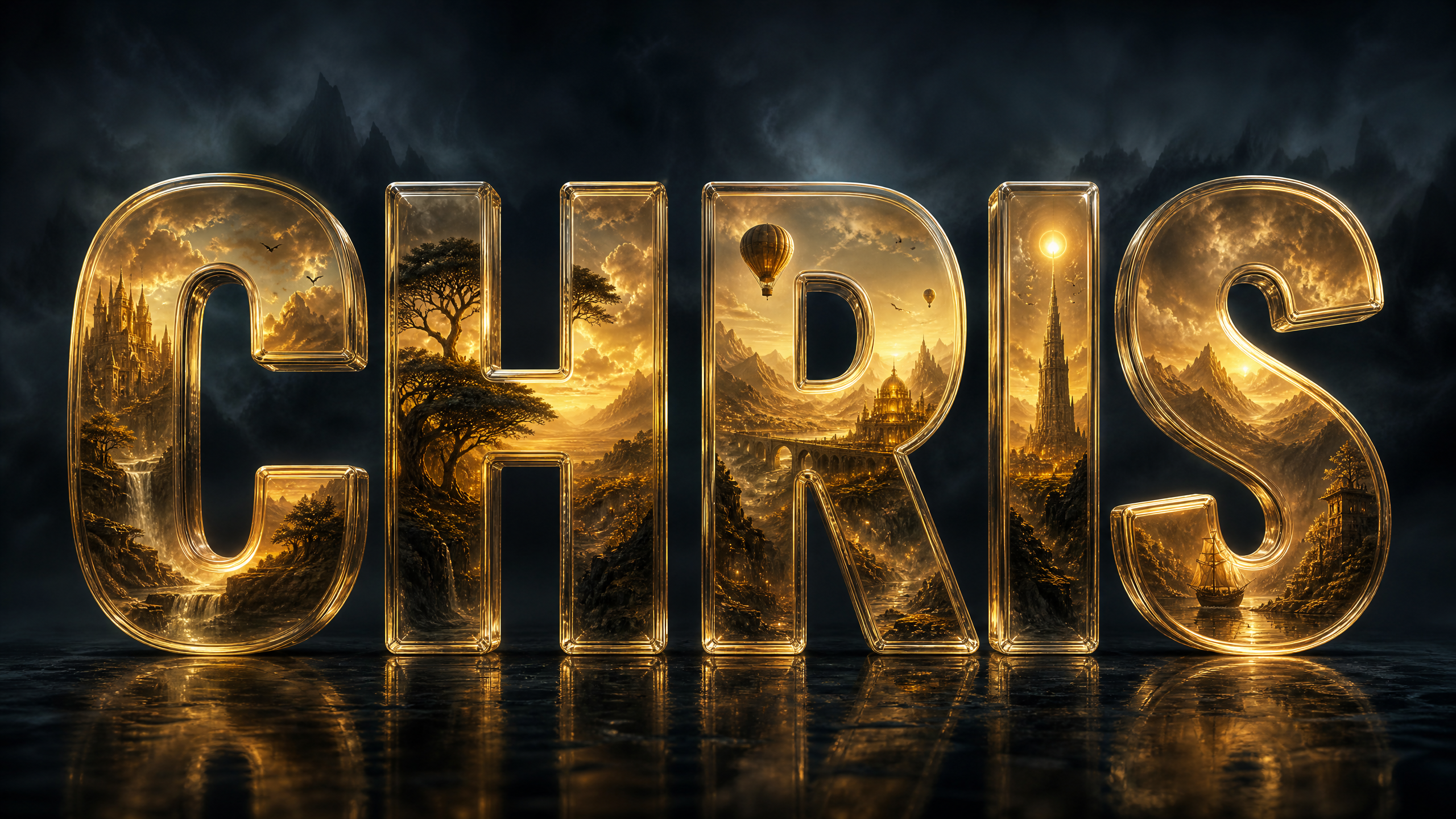 Golden 3D letters spelling "CHRIS" with a sunset landscape scene lit inside each letter.