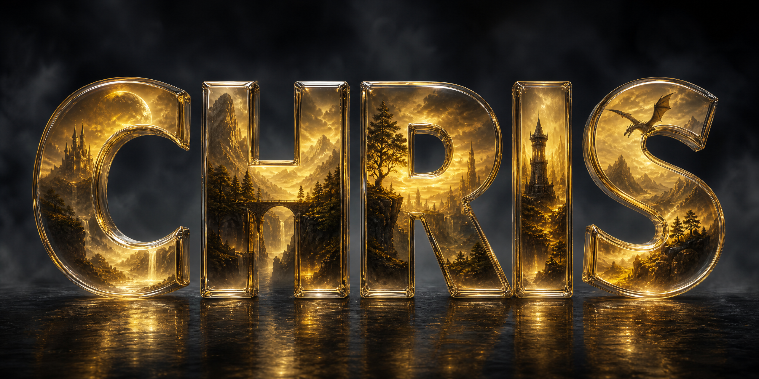 3D golden word “CHRIS” with a fiery, landscape scene inside each letter against a dark, smoky background