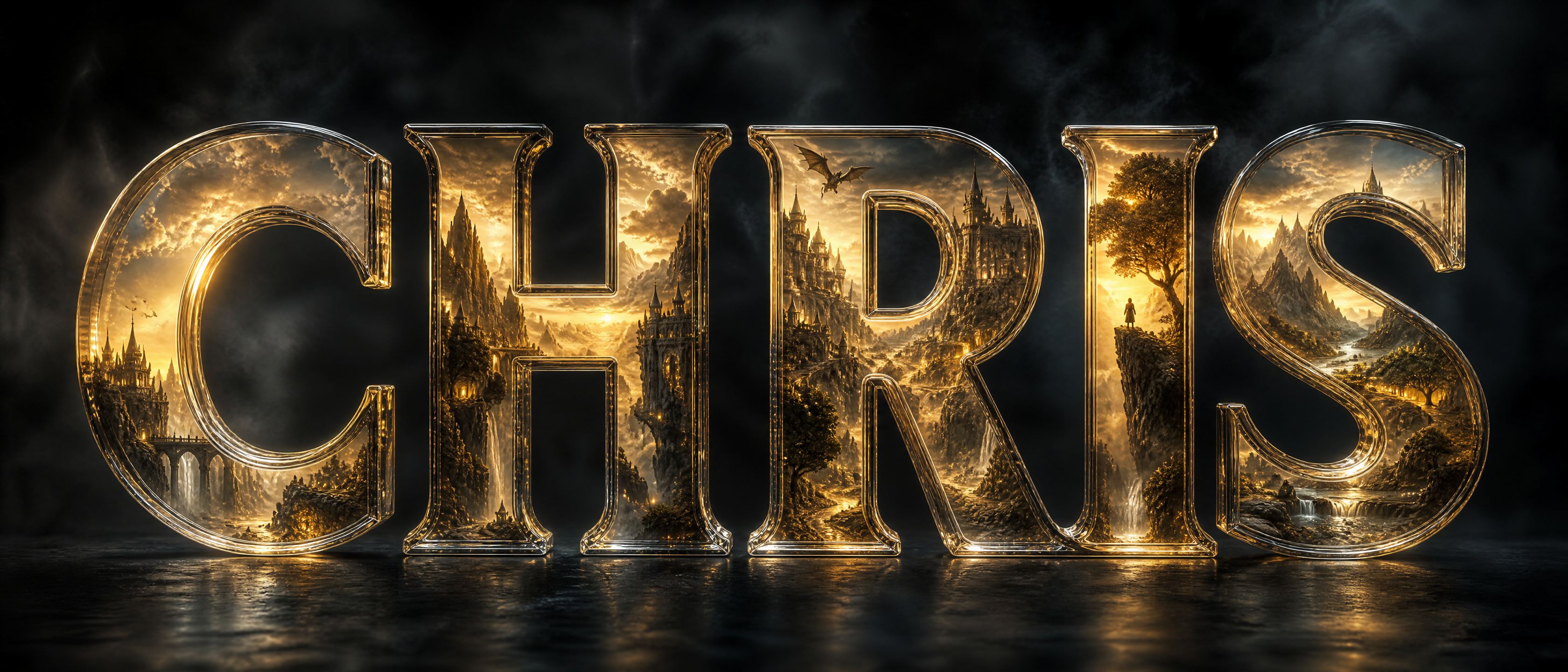 Golden 3D letters spelling CHRIS with a landscape scene carved inside.