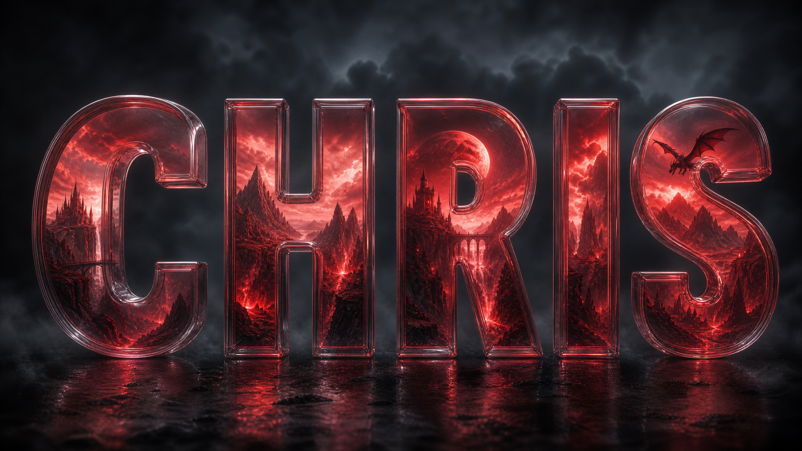 3D glass letters spelling "CHRIS" with fiery red interior and a dark stormy backdrop.