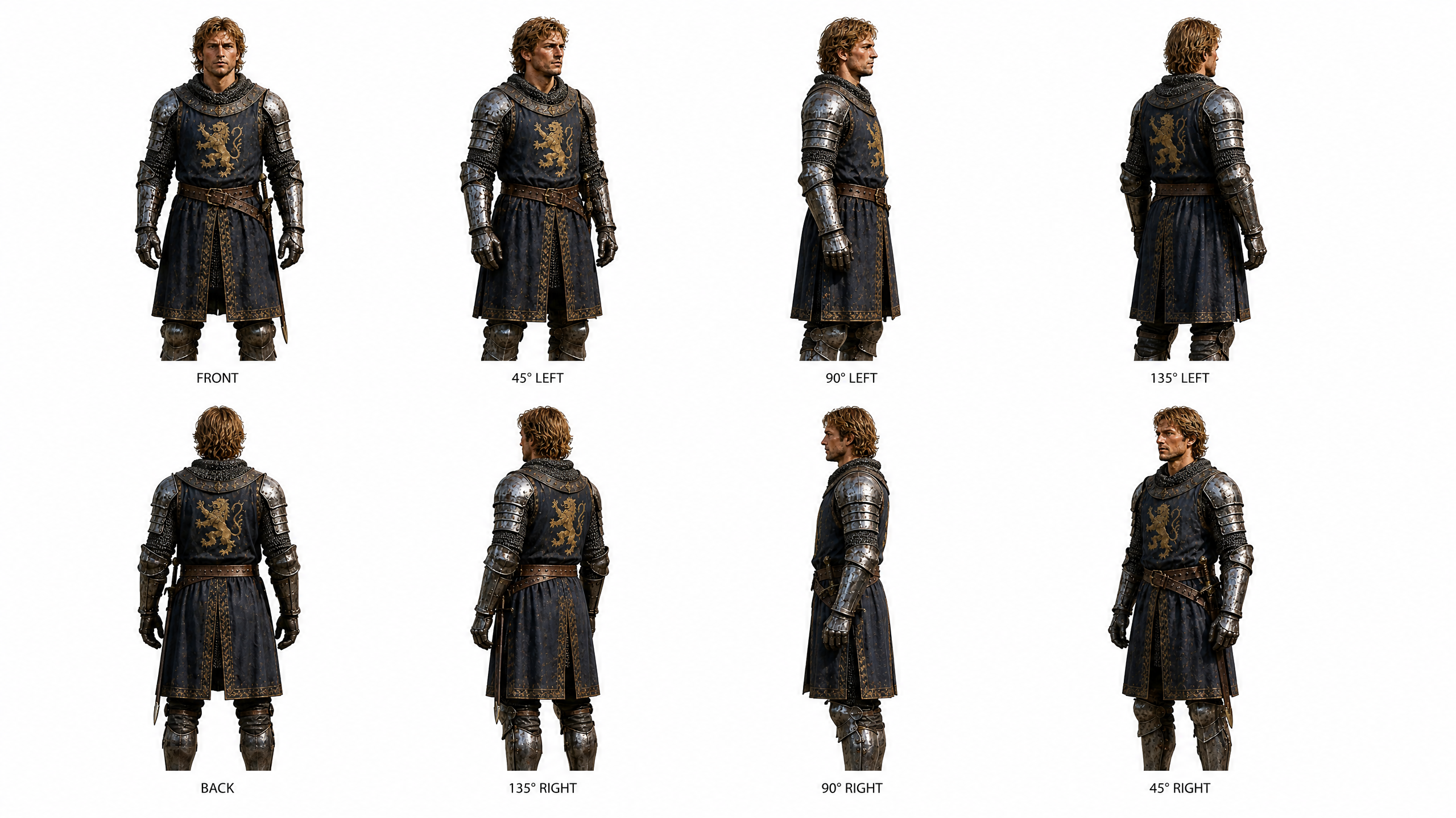 Medieval knight in dark armor with a gold lion crest, shown from eight angles.
