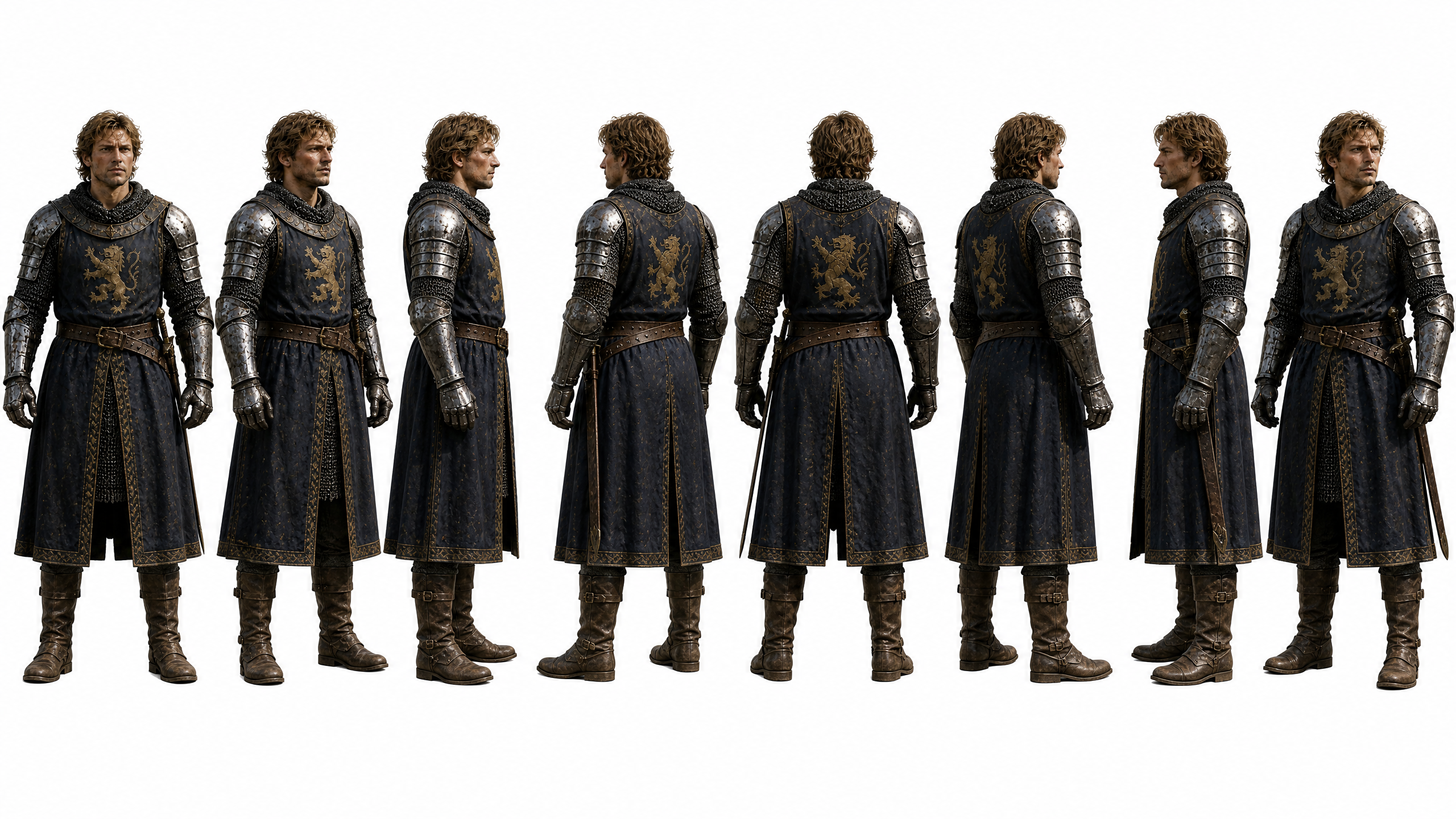 Row of medieval knights in dark blue plate armor, shown from front and back angles.