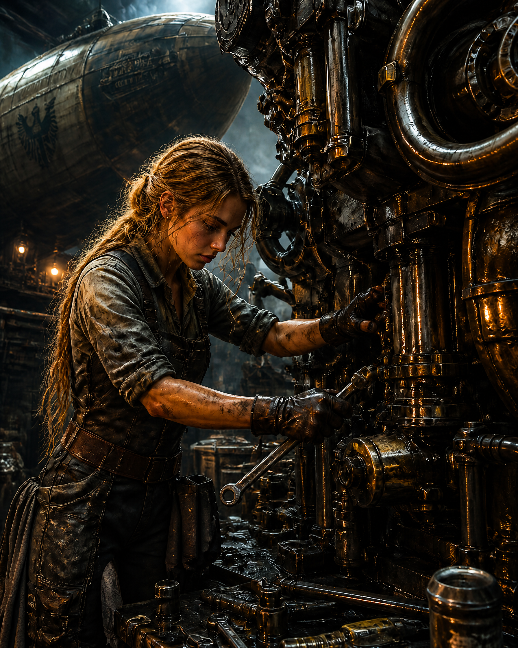 Woman mechanic in a gritty steampunk factory repairing heavy brass machinery.