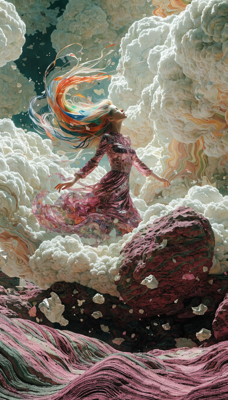A woman in a swirling pink dress stands among fluffy clouds and surreal rocky terrain.