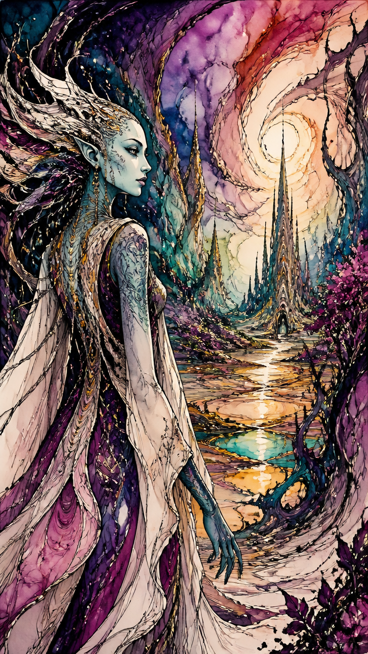 Blue-skinned elven woman in an ornate flowing gown amid a surreal, colorful fantasy landscape with spiraling light and cry...