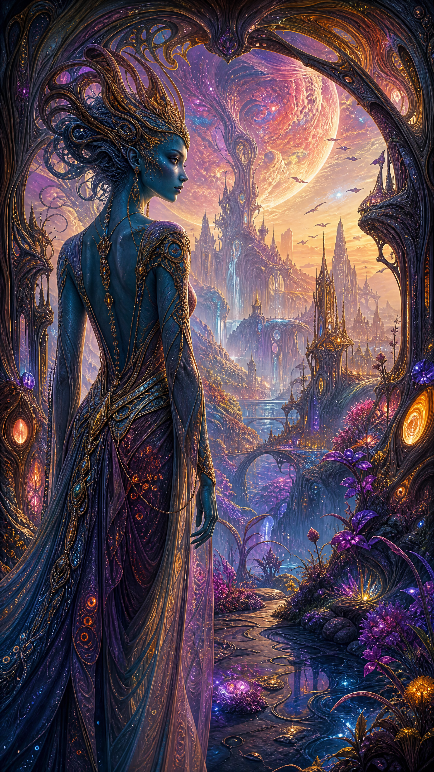 Elegant blue-skinned mystical figure in ornate gown in a surreal, neon-lit fantasy cityscape