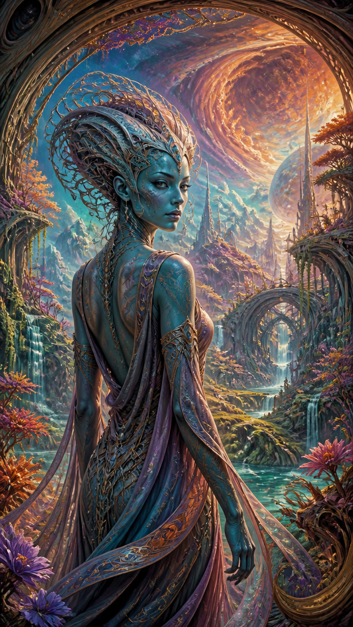 Blue-skinned fantasy queen with an ornate headdress in a surreal alien landscape.