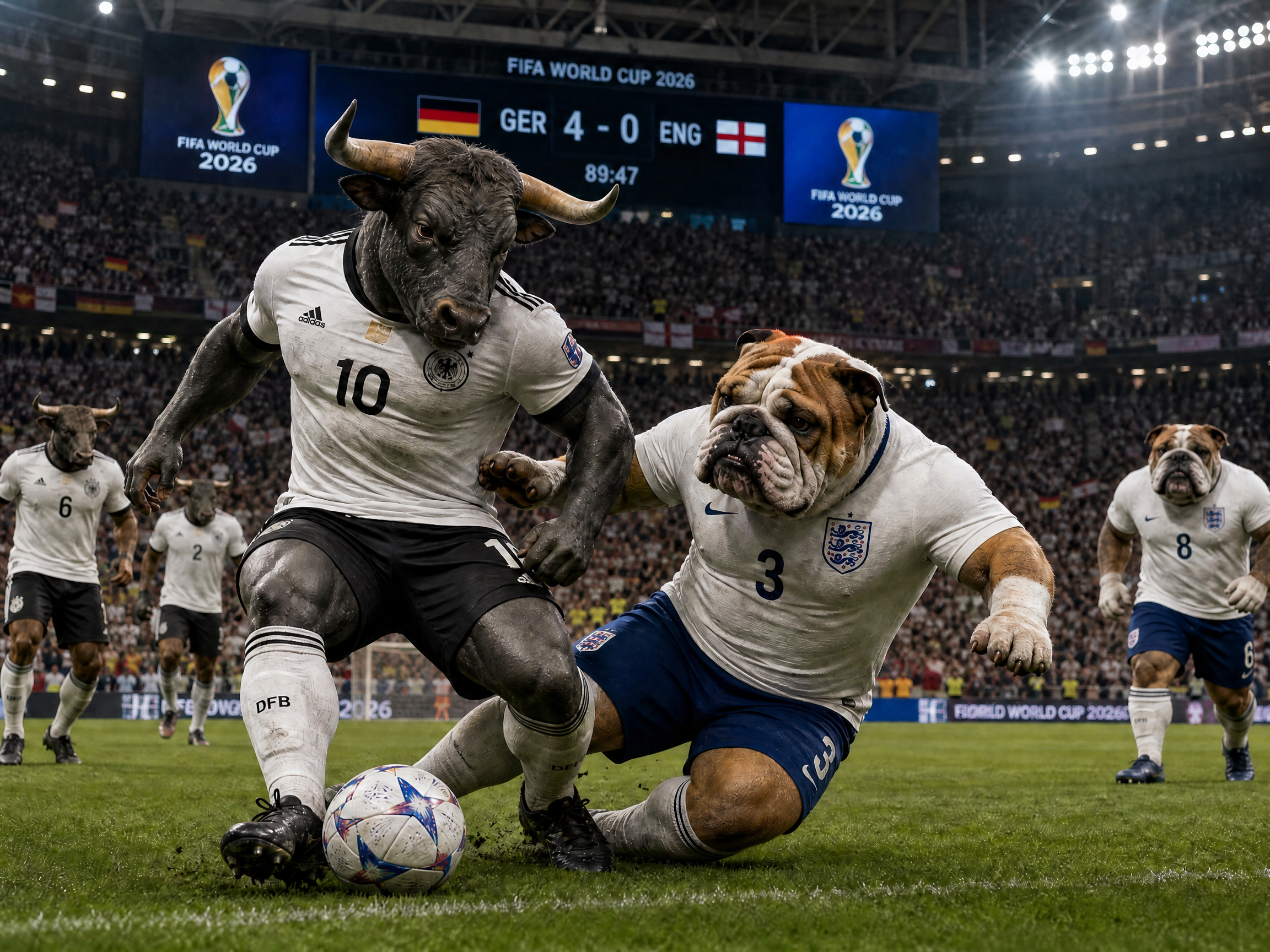 A dynamic football match scene with a charging bull in a Germany kit challenging a bulldog in an England kit on a packed s...