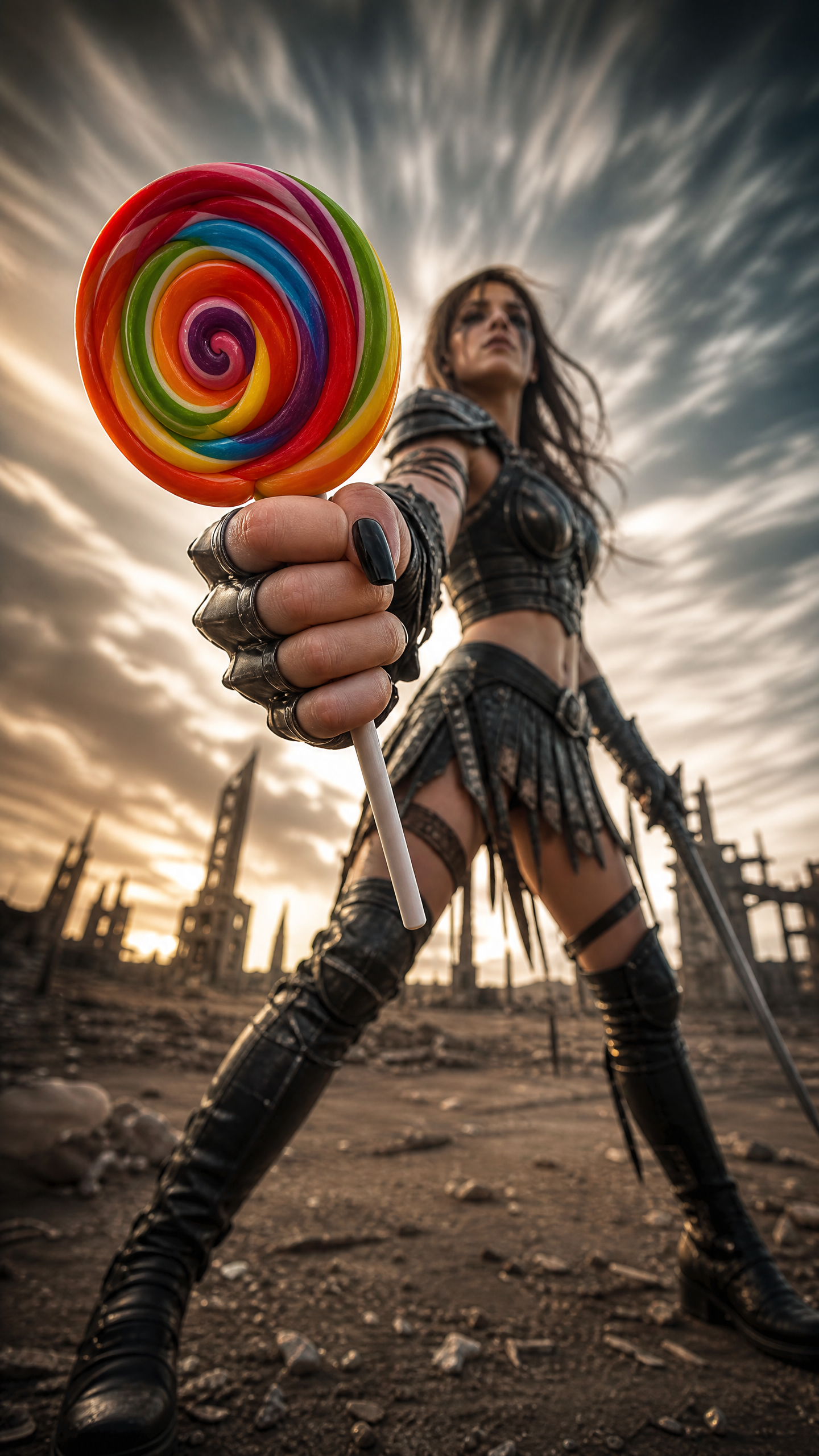 Warrior woman in armor holds a large rainbow lollipop toward the camera in a desolate industrial landscape.