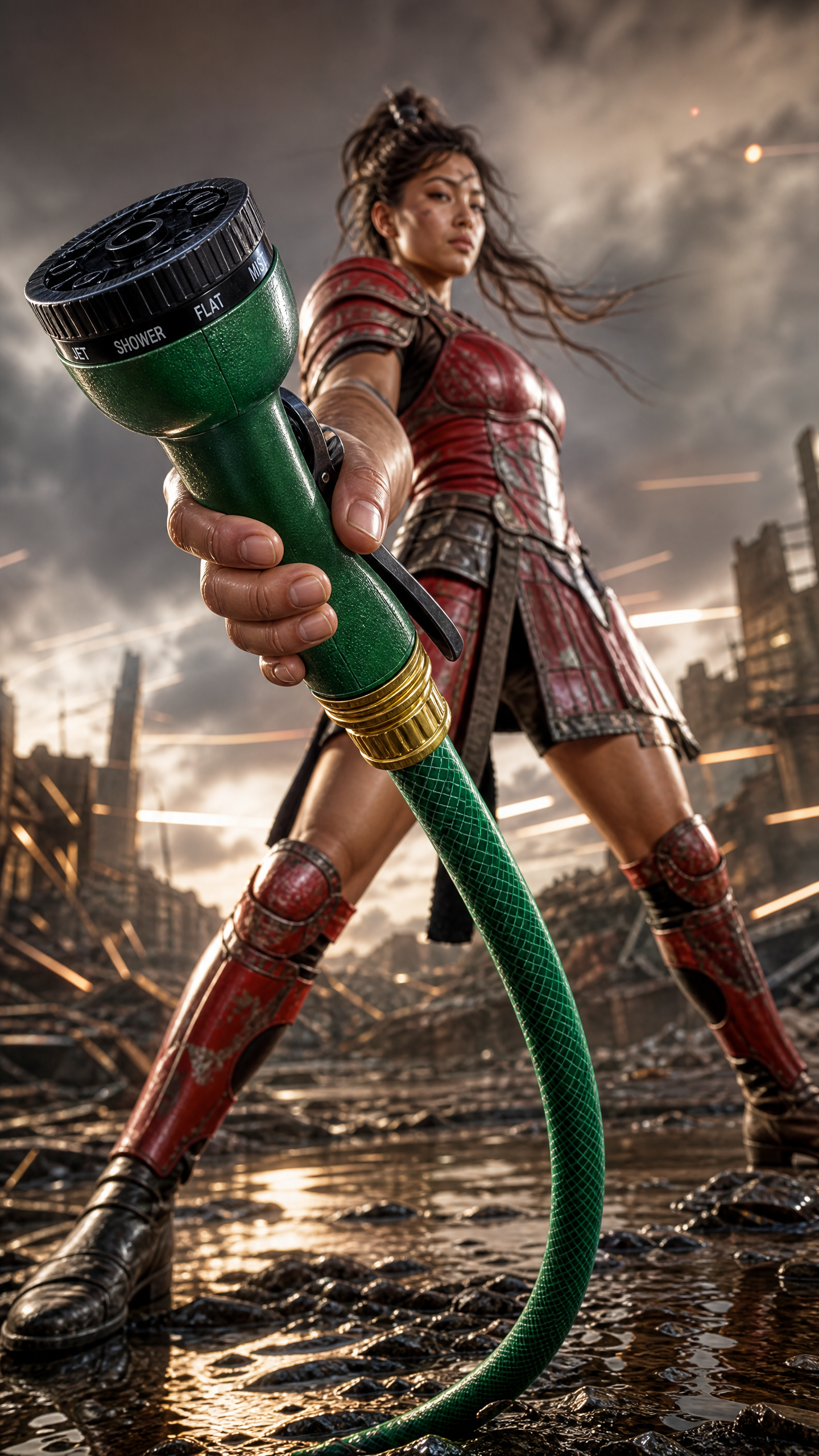 Female warrior in red armor brandishing a green hose nozzle in a post-apocalyptic battlefield.