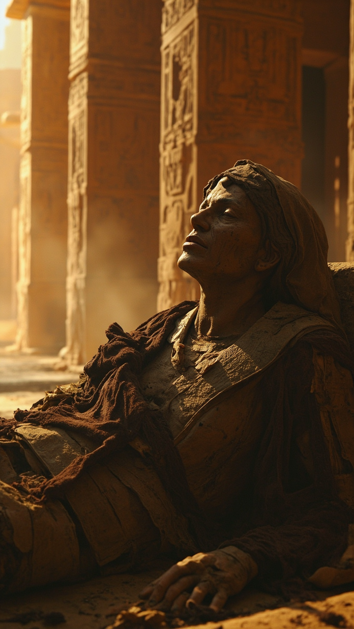 A dusty, exhausted person in ancient ruins, kneeling against carved stone columns at sunset.