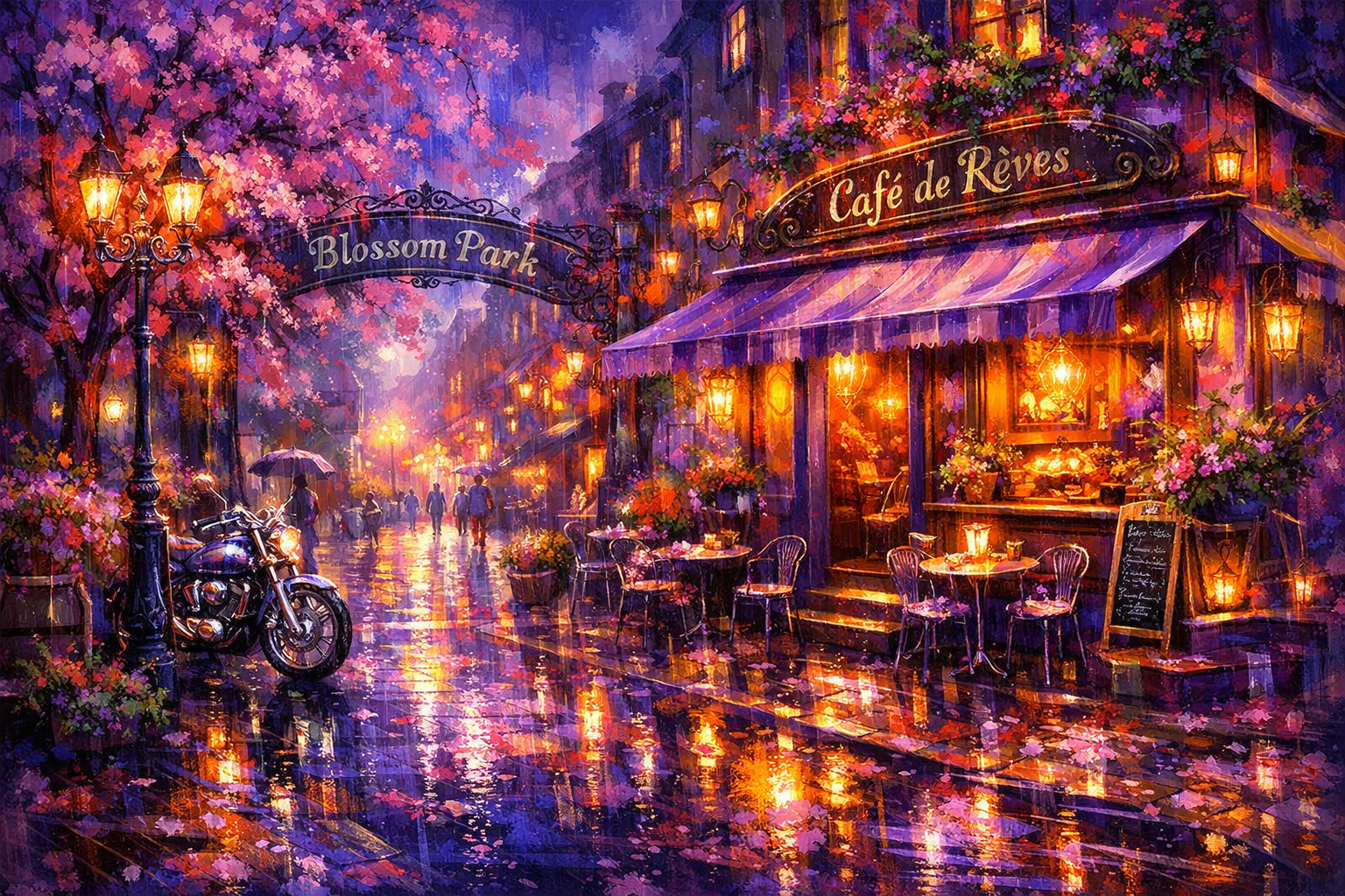 Nighttime street cafe scene with blooming blossoms, rain-soaked pavement, and warm glowing lights.