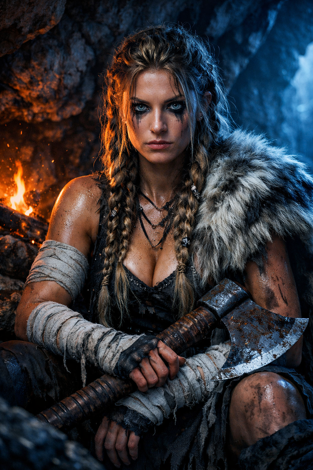 Fierce female warrior with braided hair, fur cloak, and battle axe in a fiery cave.