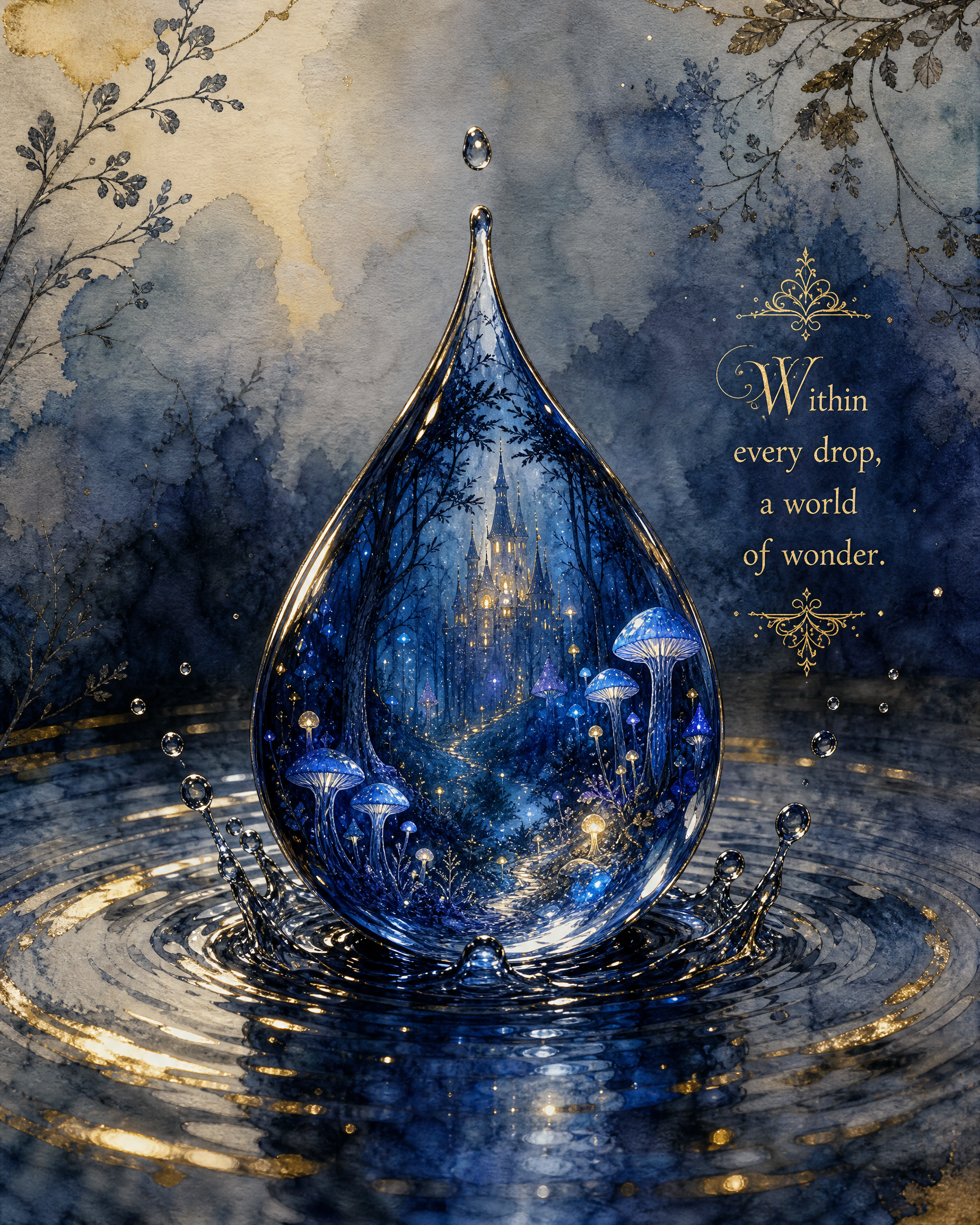Teardrop-shaped glass orb with a blue forest and castle scene, surrounded by rippling water.