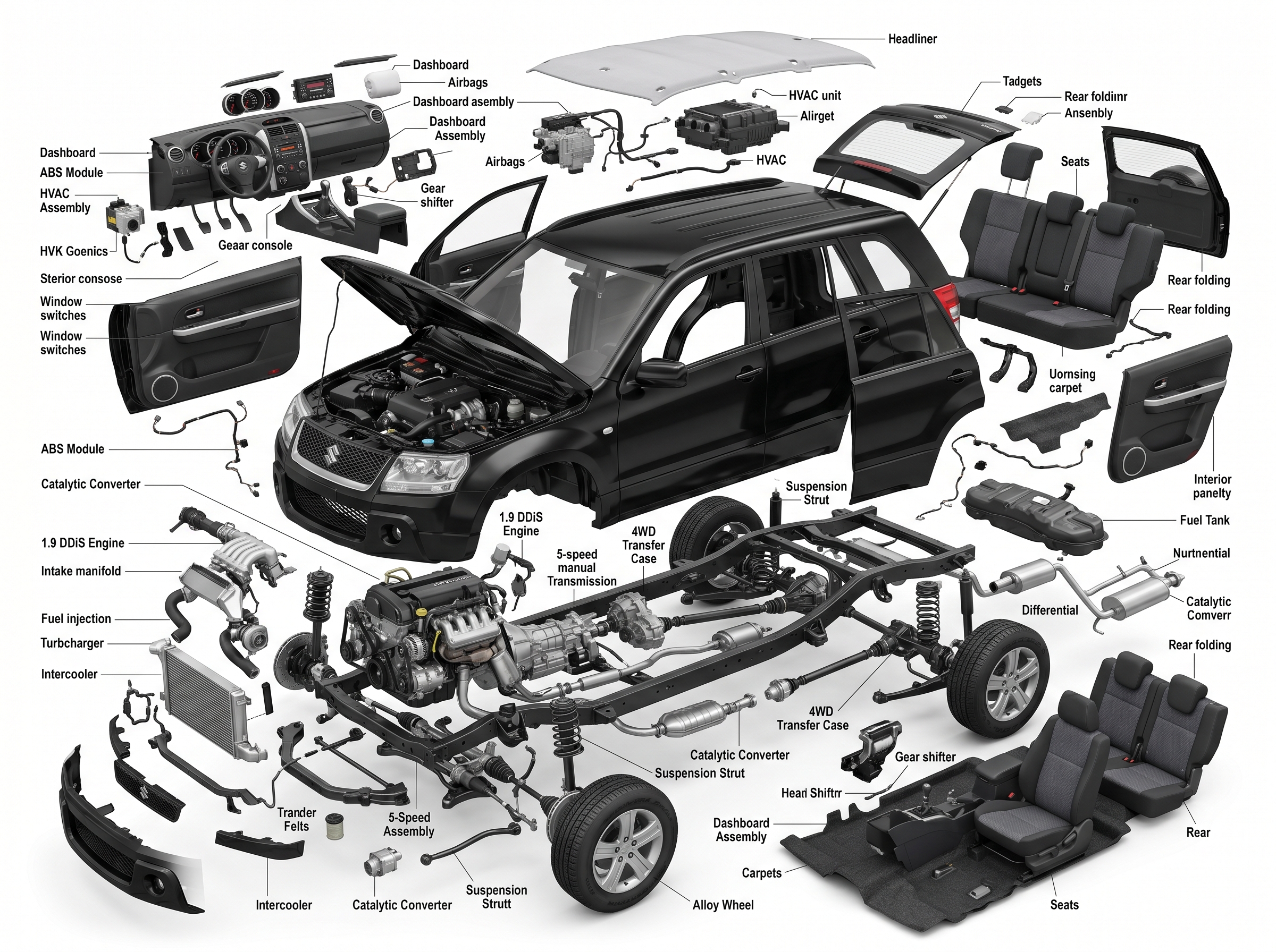 Exploded view diagram of a car with labeled engine, drivetrain, interior, and chassis components.
