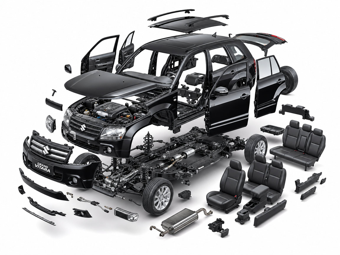 Exploded view of a black Suzuki Grand Vitara showing engine, chassis, doors, seats, and components.