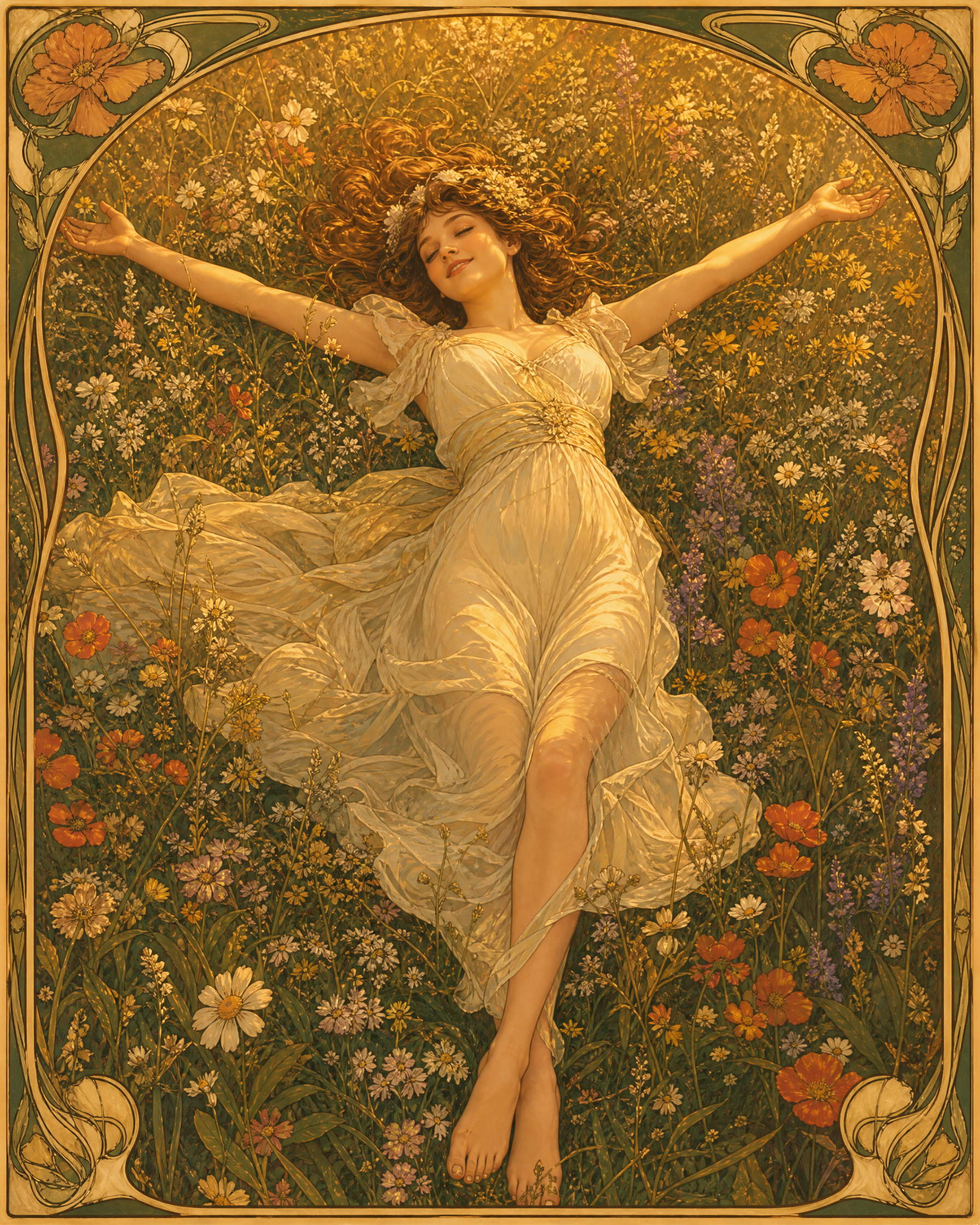 Young woman in a flowing ivory dress lies among vibrant wildflowers in an Art Nouveau floral frame.