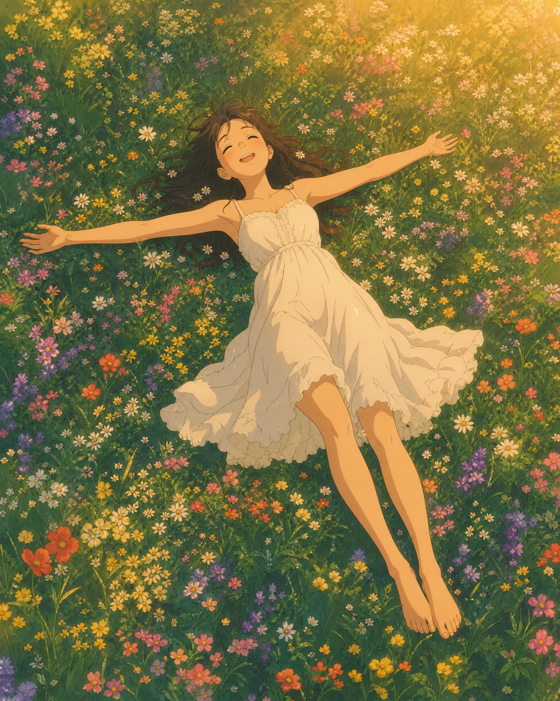 A smiling girl in a white sundress lies in a colorful flower meadow with arms outstretched.