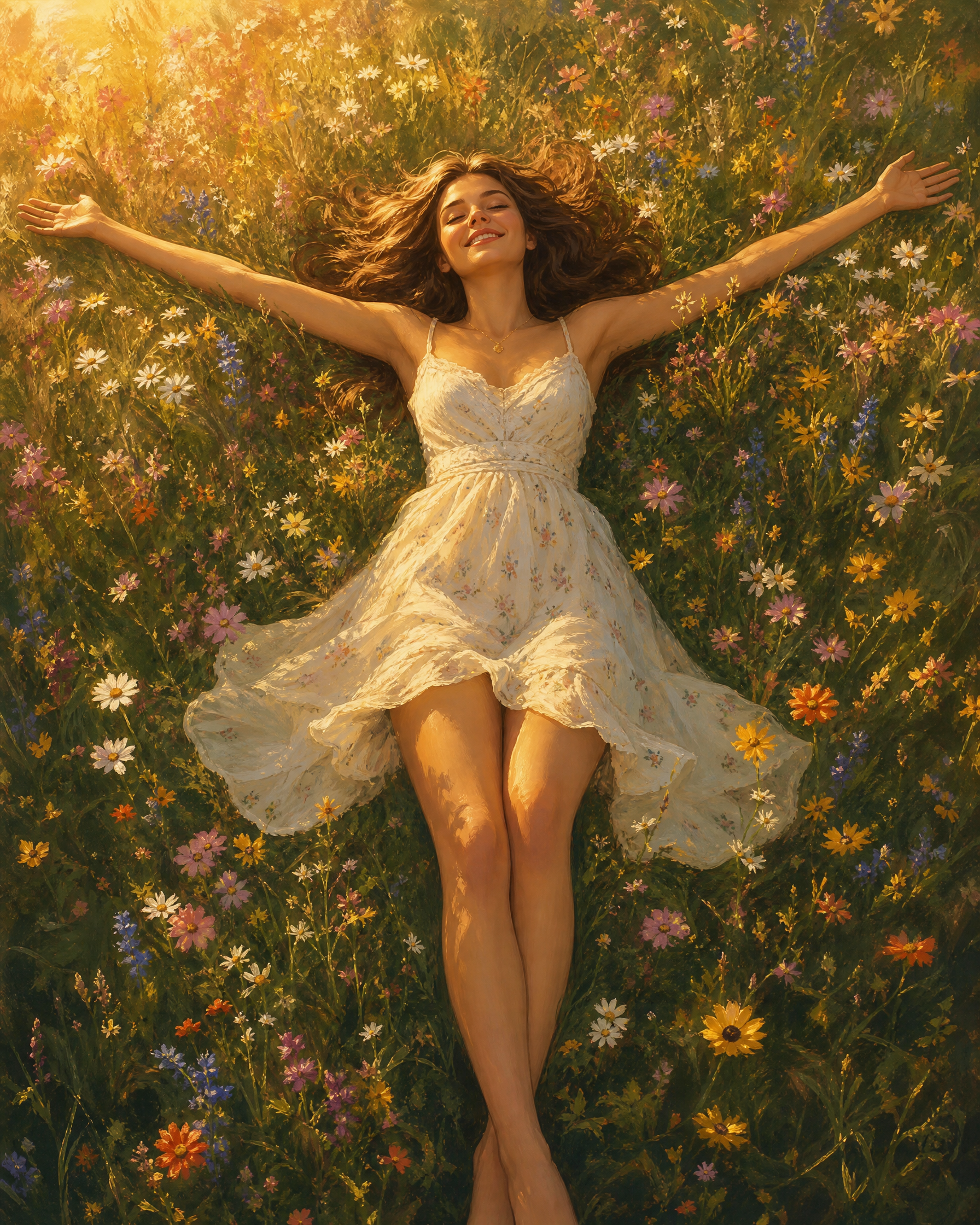 Woman lying in a sunlit wildflower field in a white dress, arms outstretched.