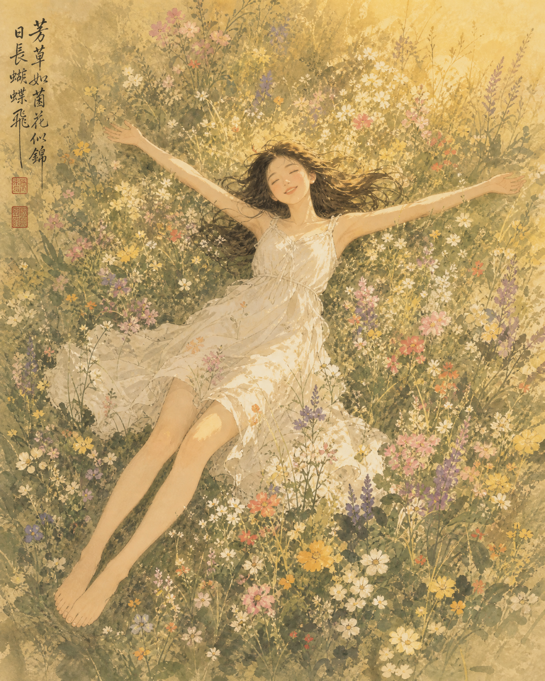 Young woman in a white dress lying with arms outstretched in a colorful wildflower field.