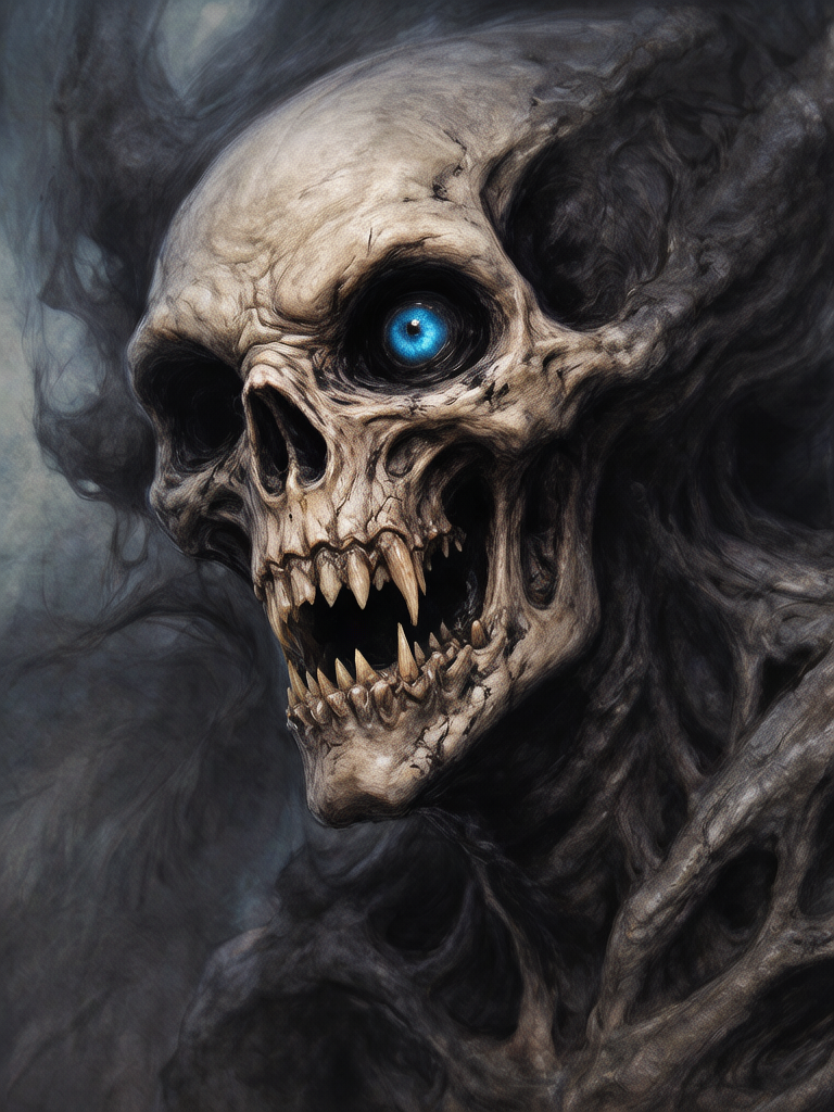 A menacing skeletal creature with a blue glowing eye in a dark smoky background.
