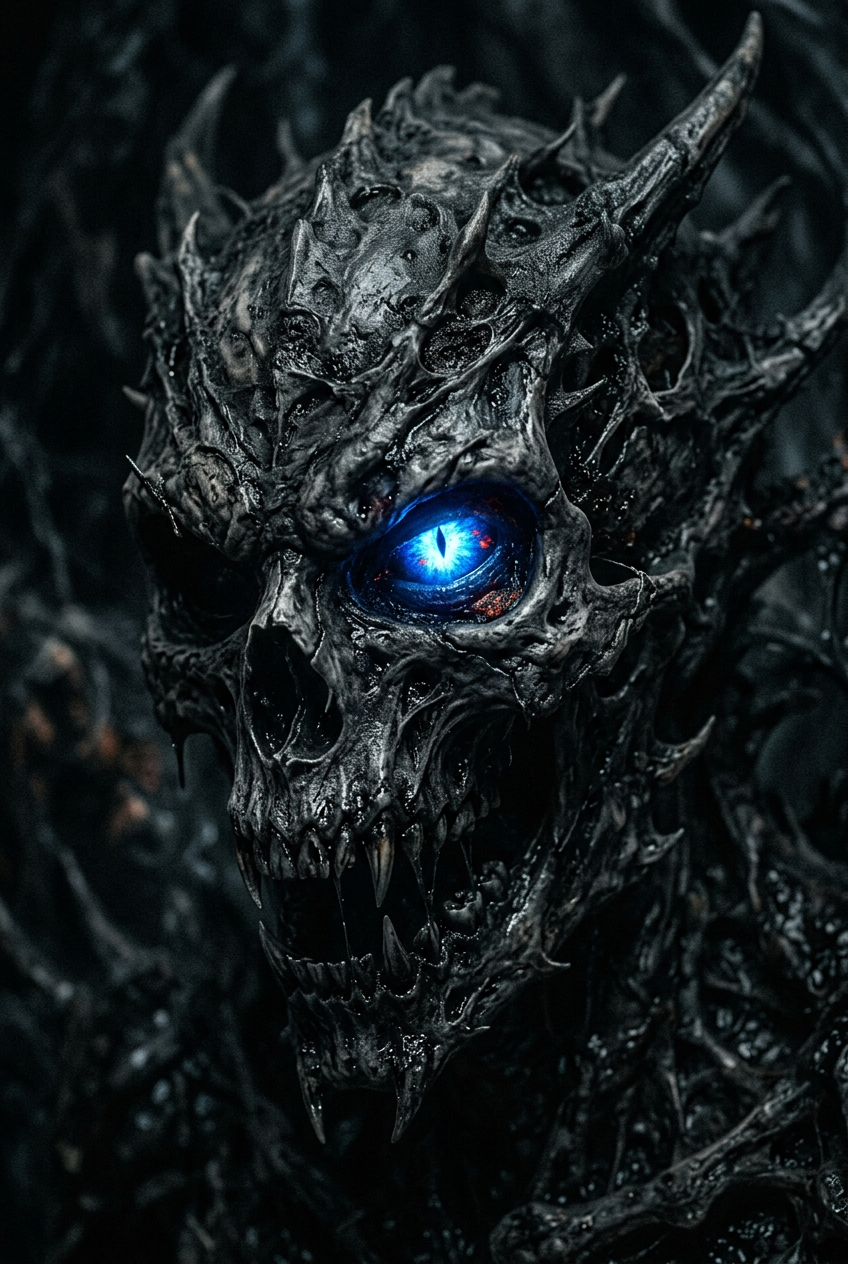 Dark skeletal dragon with a glowing blue eye and jagged, armor-like scales