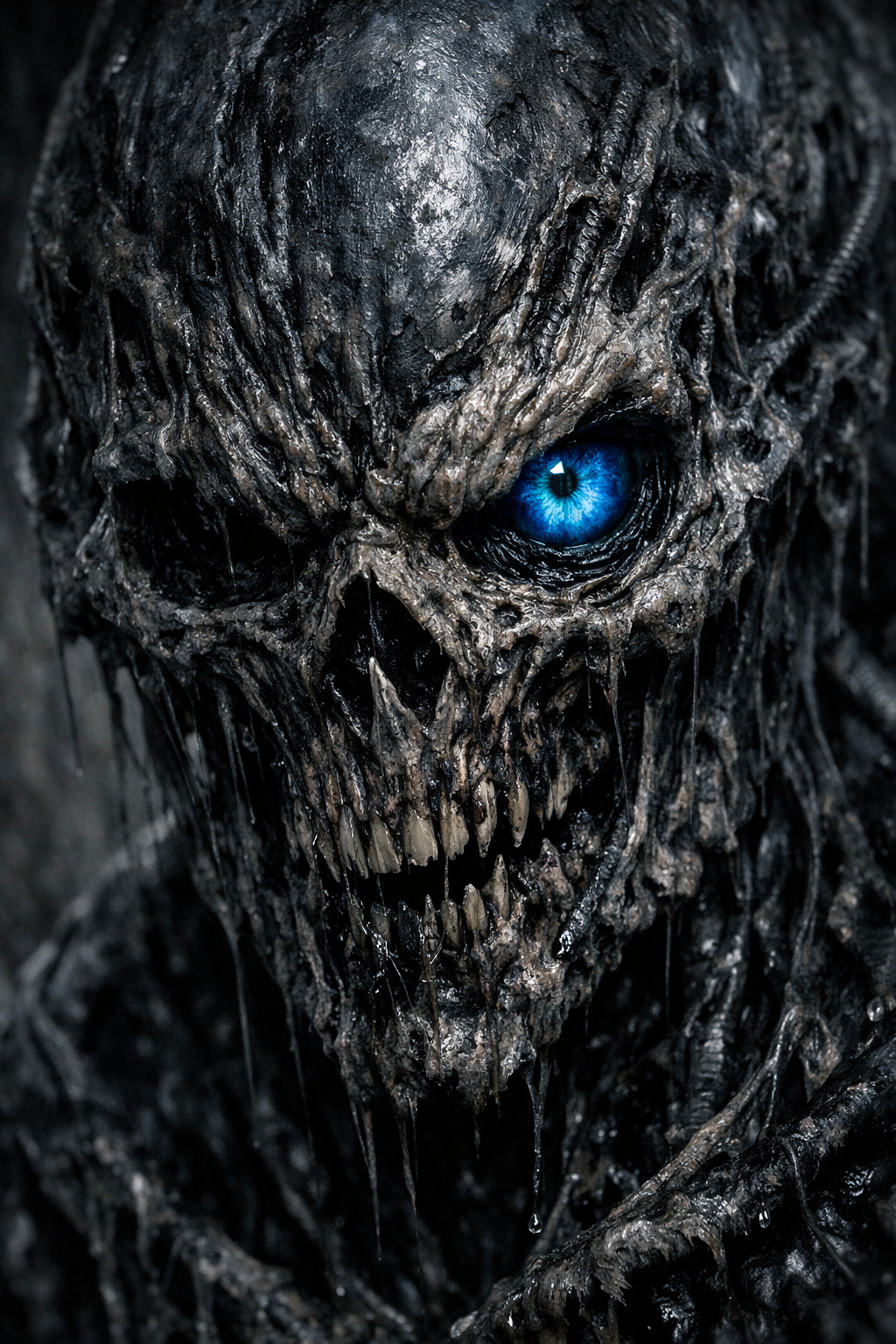 Close-up of a decayed skeletal face with a bright blue eye and jagged teeth.
