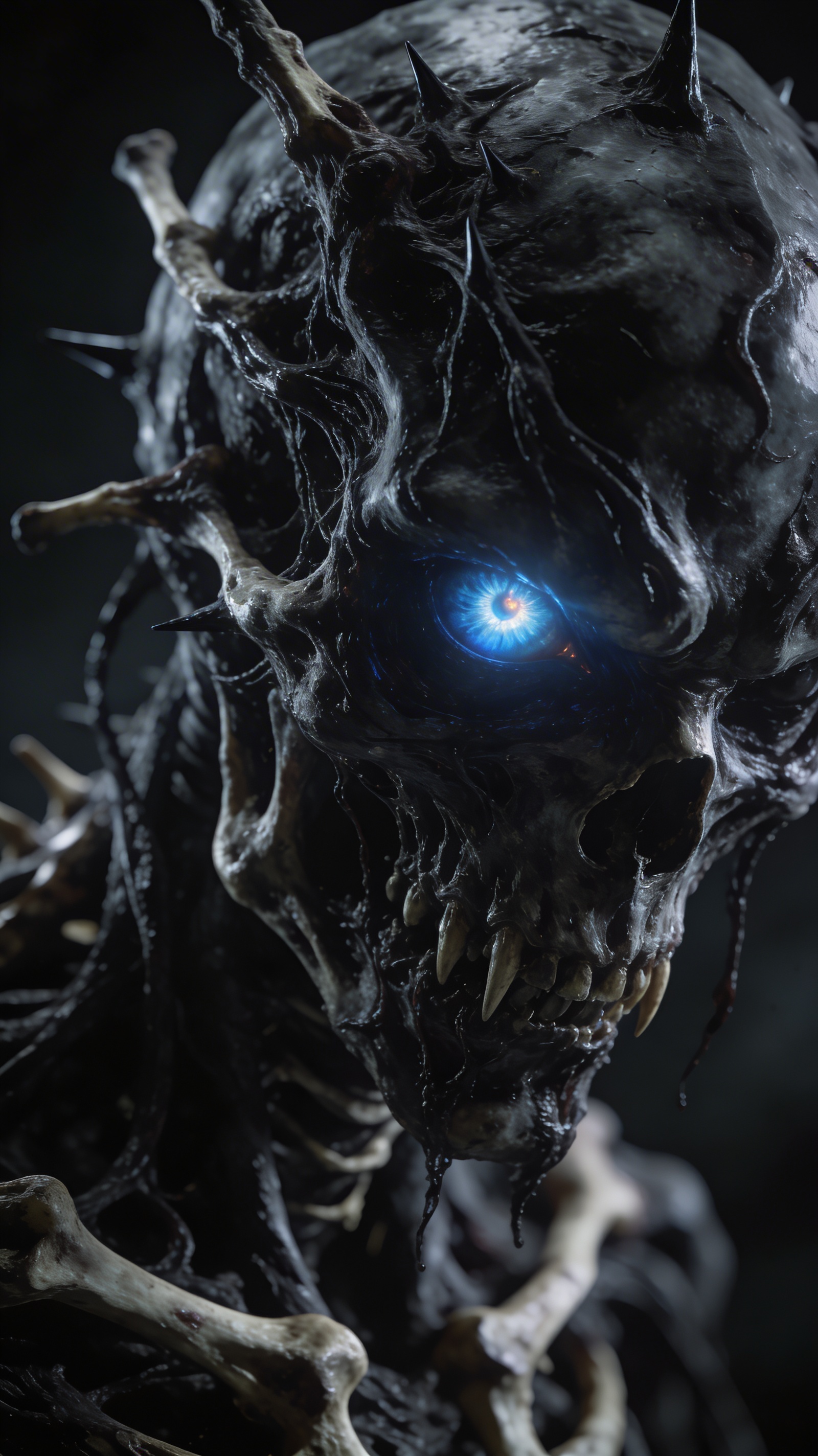 Close-up of a skeletal, thorny horror creature with a glowing blue eye.
