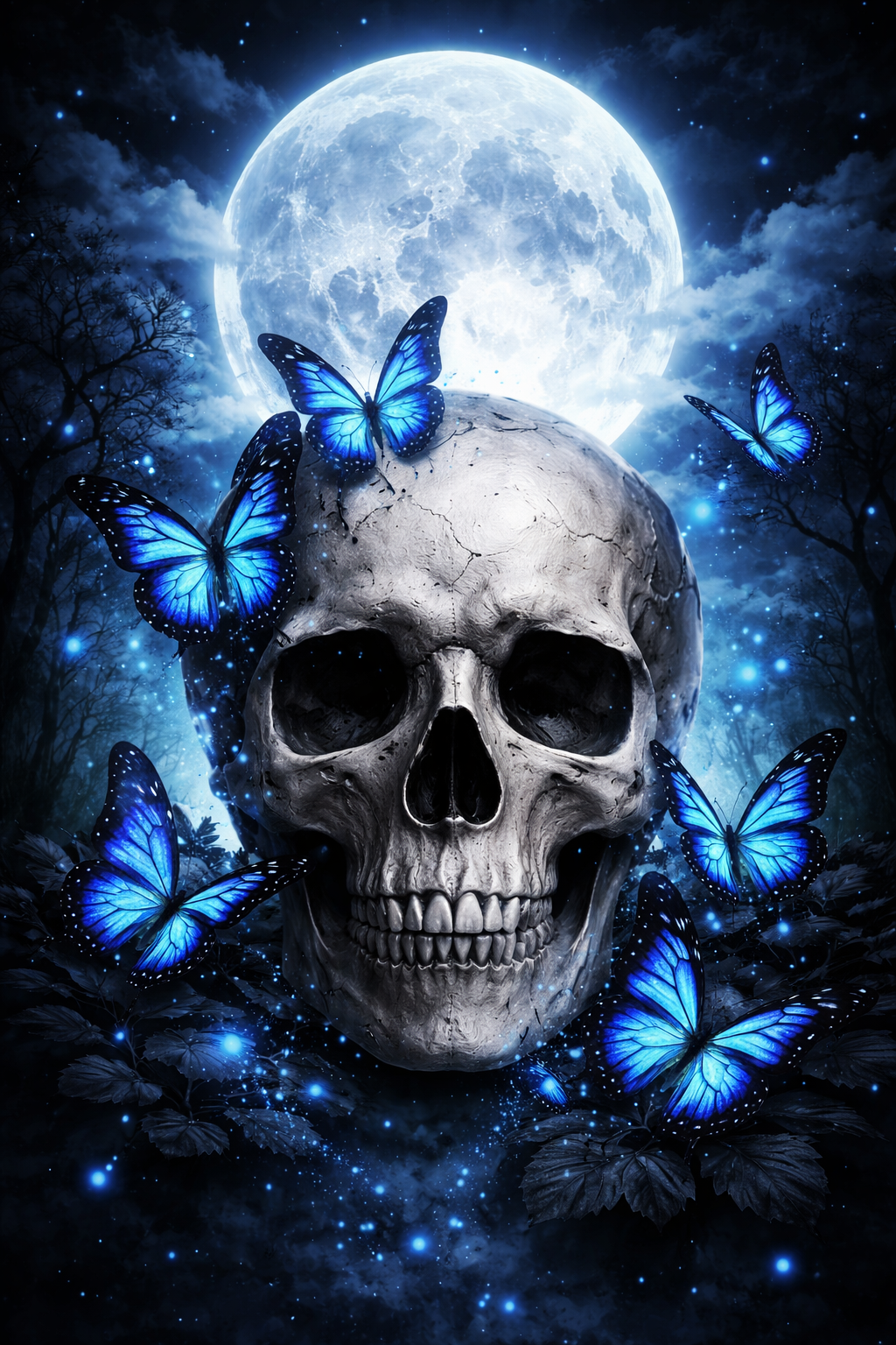 A eerie blue-toned skull surrounded by glowing blue butterflies under a full moon.