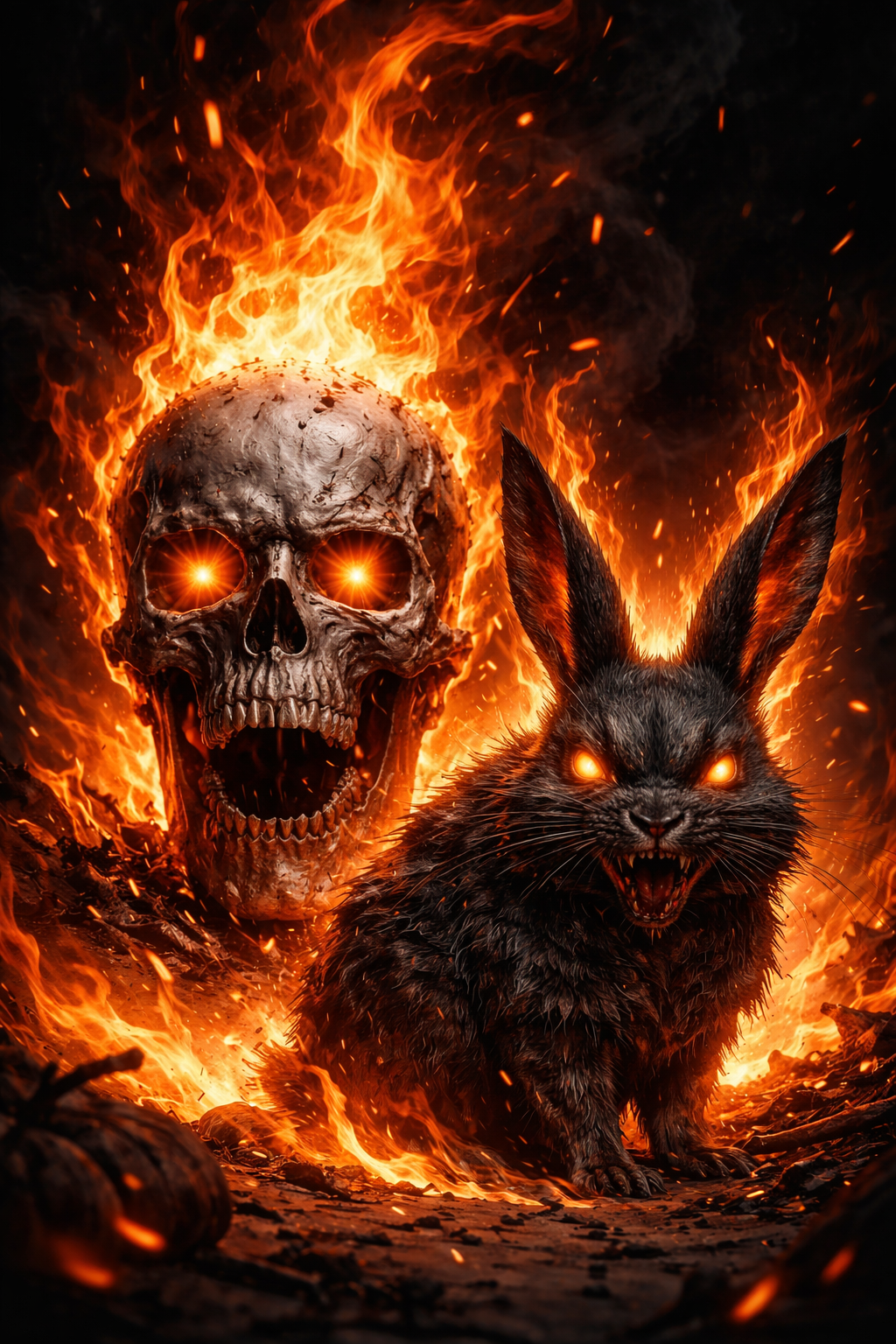 Flaming skull and menacing black rabbit with glowing eyes in fire