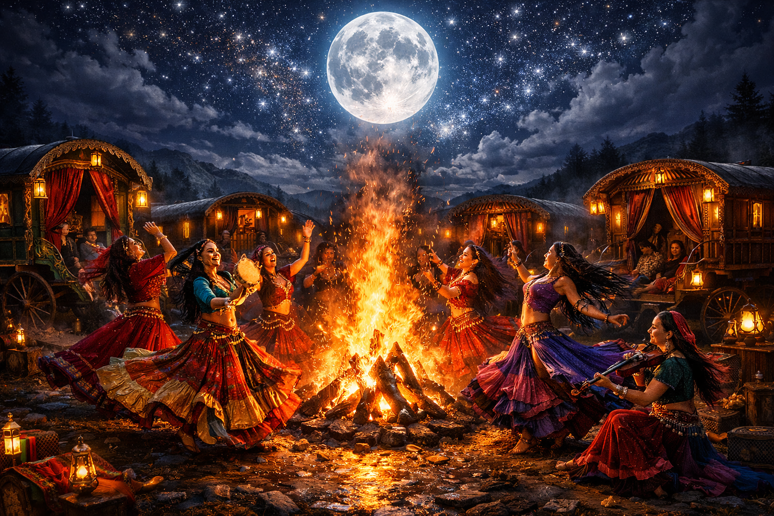 Group of dancers in colorful traditional outfits dancing around a bonfire under a full moon.