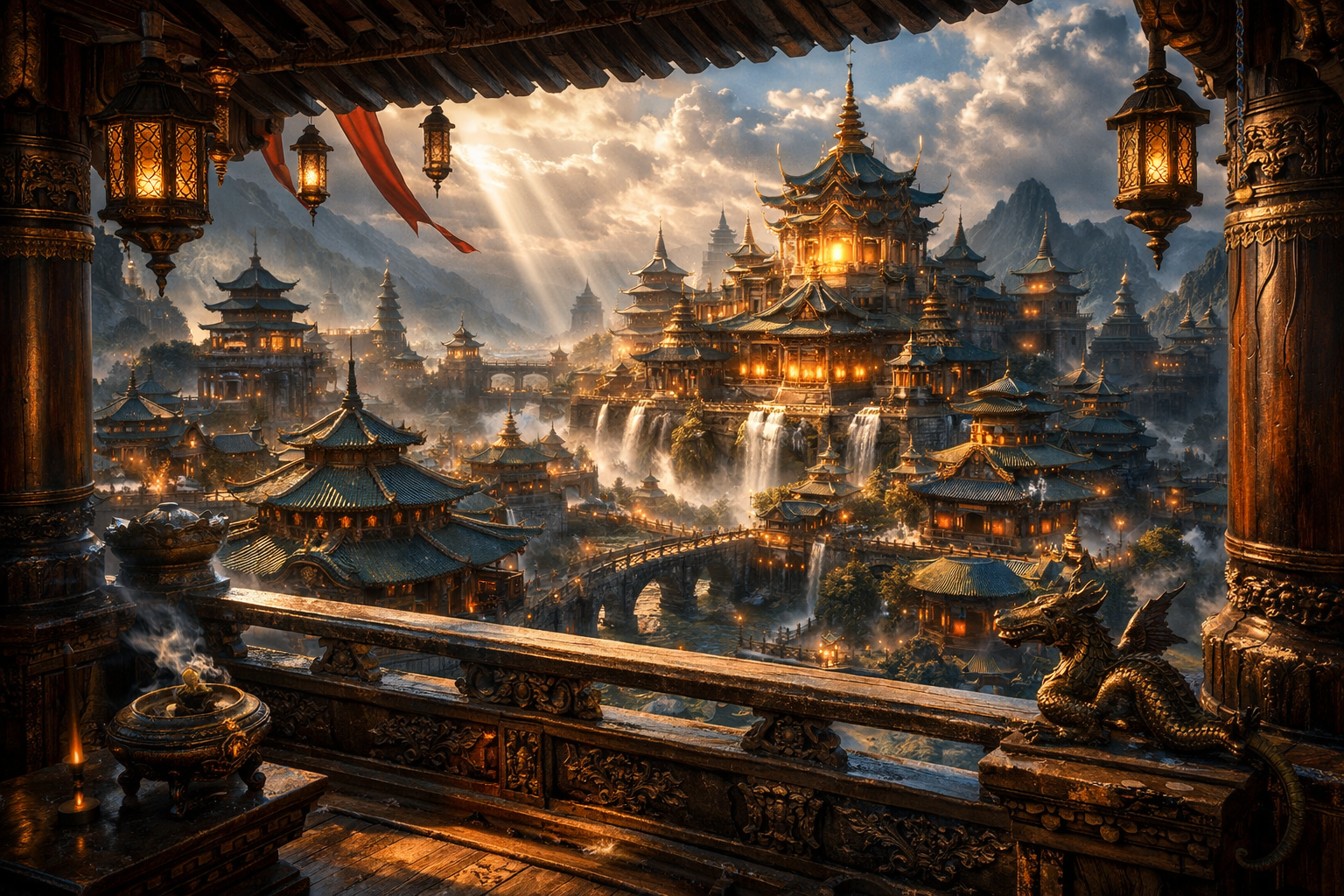 A sprawling fantasy Asian temple city perched among waterfalls, lit by warm lanterns.