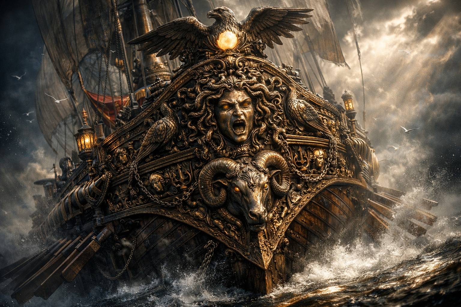 Ornate ancient warship with a snarling stone-faced figurehead and ram skull amid crashing waves.