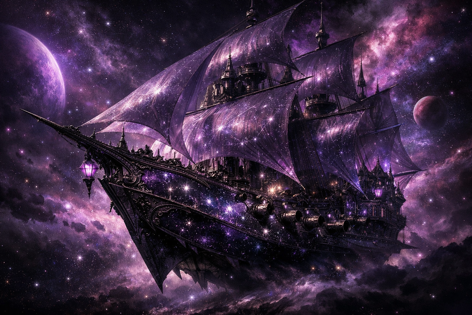 A colossal wooden sailing ship with glowing purple sails sails through a starry purple nebula in space.