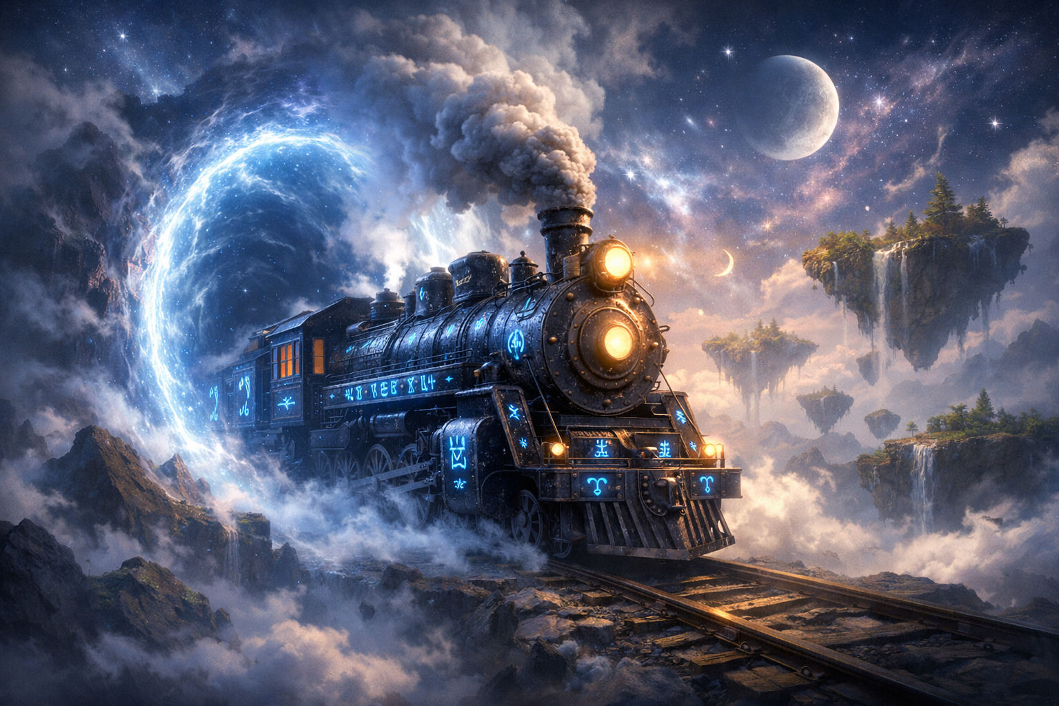 Steampunk locomotive on tracks opening a glowing blue portal amid clouds and stars.