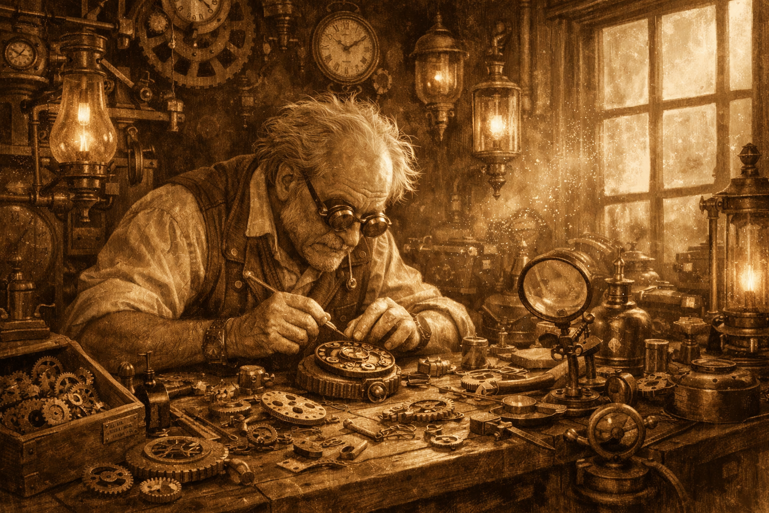 Old man with glasses repairing clock gears in a sepia-toned vintage workshop.