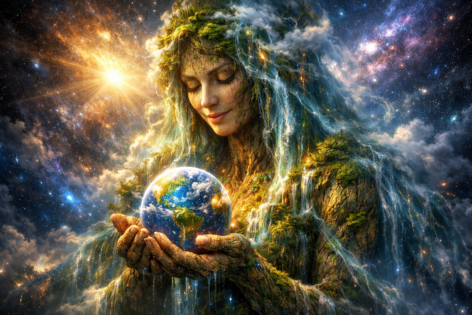 Mythical forest goddess holding a glowing Earth planet in her hands.