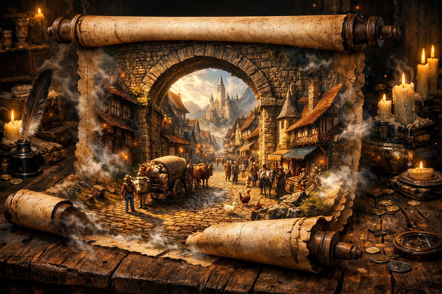 Fantasy medieval village scene revealed from an ancient scroll, glowing with candles and cobblestone streets.