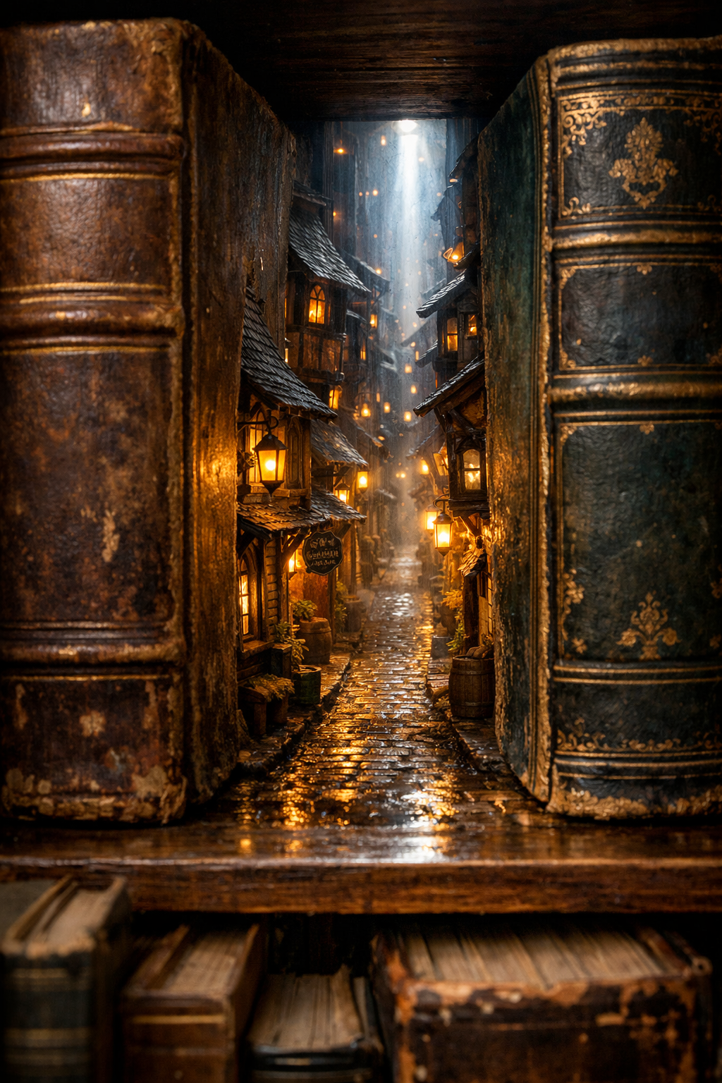 Narrow cobblestone street framed by towering antique bookcases with warm lanterns.
