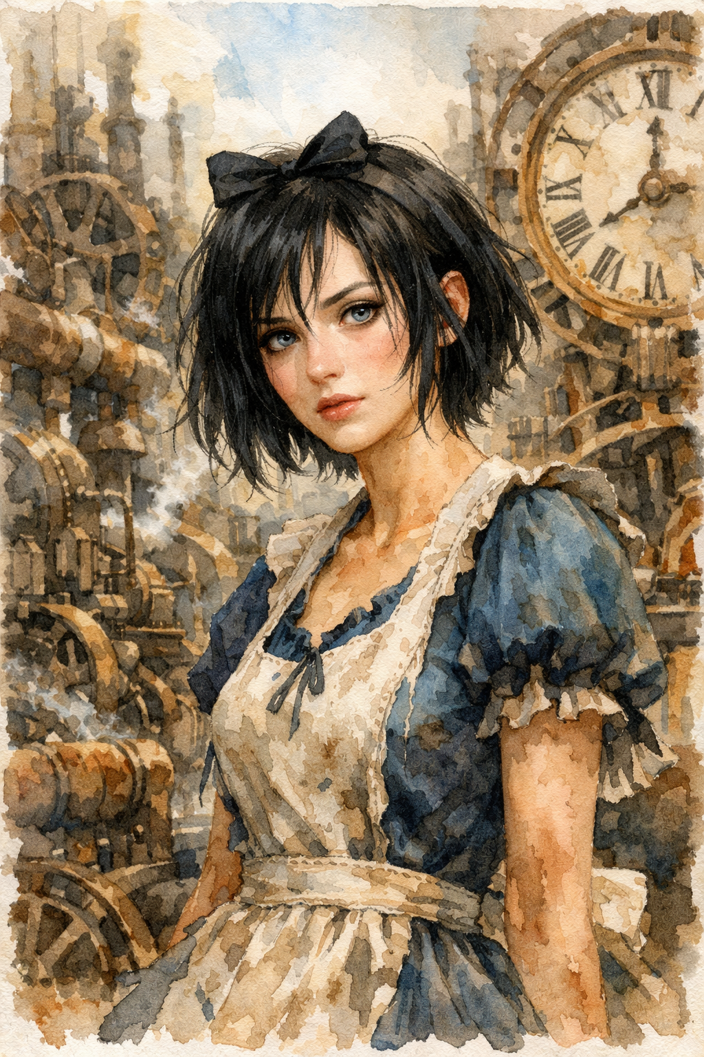 Watercolor illustration of a young woman with short black hair and a bow, in a blue dress and apron among steampunk gears.
