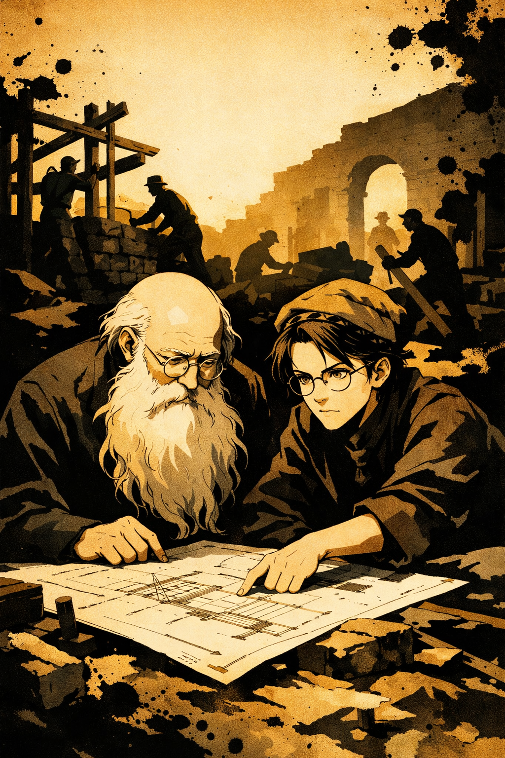 Two scholars—an elderly bearded man and a young glasseed student—study architectural blueprints amid ancient ruins.