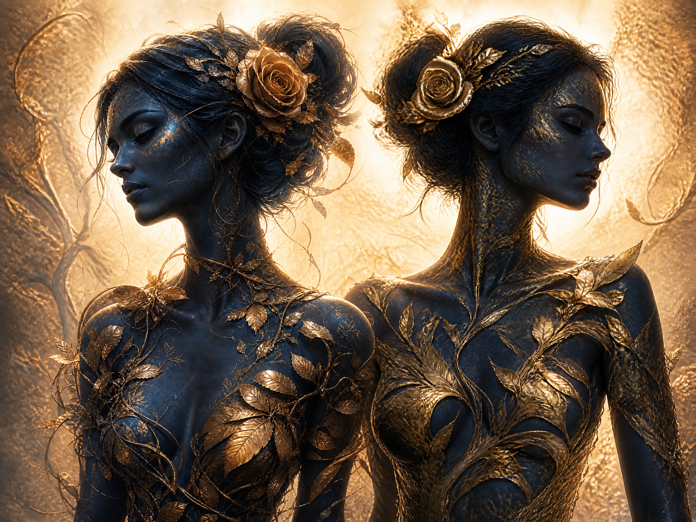 Two women with blue body paint and gold leaf accents facing opposite directions.