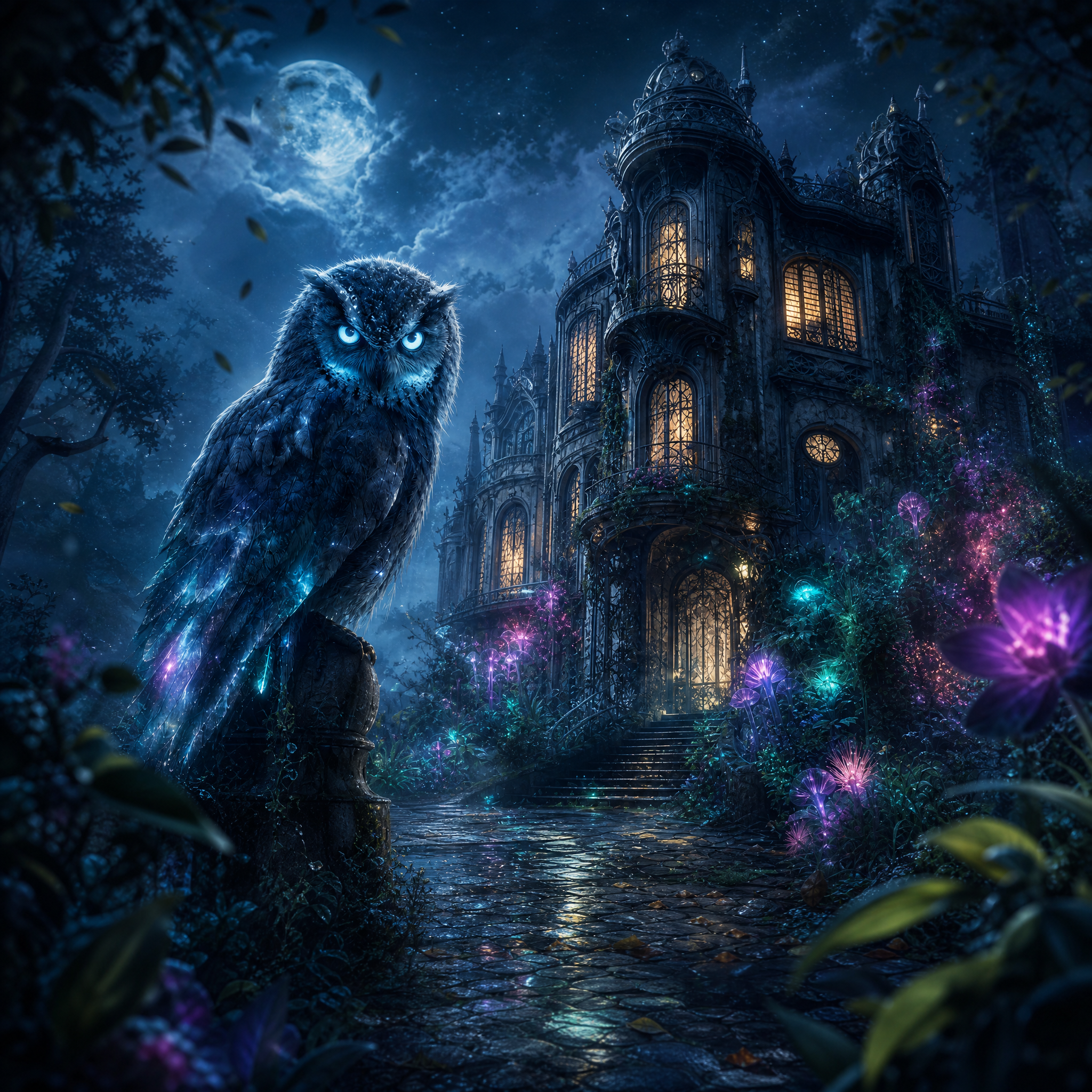 Night scene with a glowing blue owl beside a moonlit, ornate Gothic mansion and neon-lit flowers.