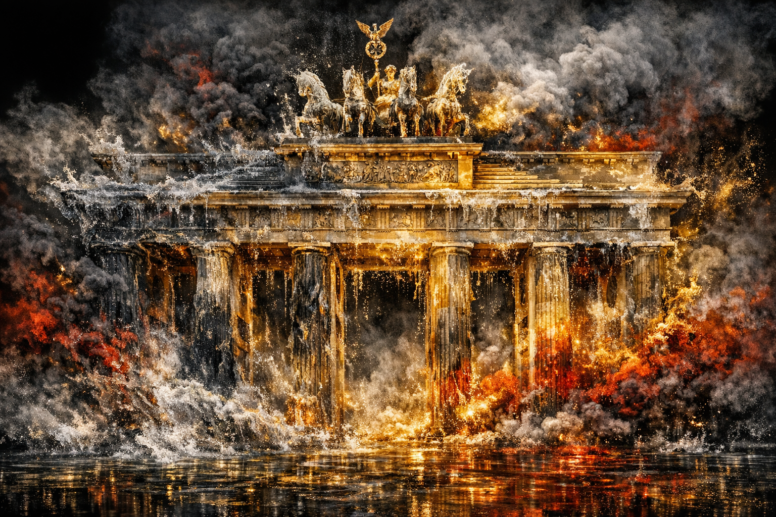 Dramatic fiery explosion around the Brandenburg Gate with the Quadriga statue on top