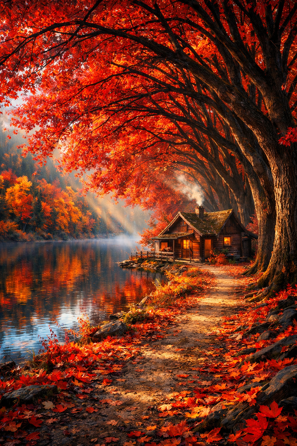 Autumn lakeside scene with red maple trees arching over a cabin by still water.