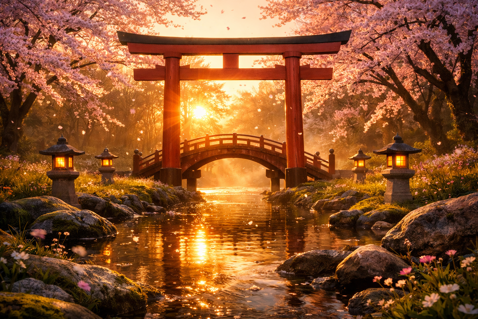 Red torii gate over a small arched bridge in a cherry blossom garden at sunset