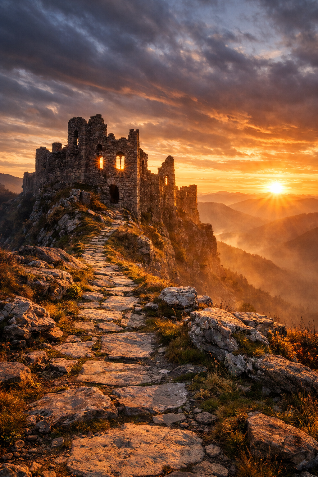 Sunset lights an ancient stone castle ruin on a rocky cliff with a winding stone path.
