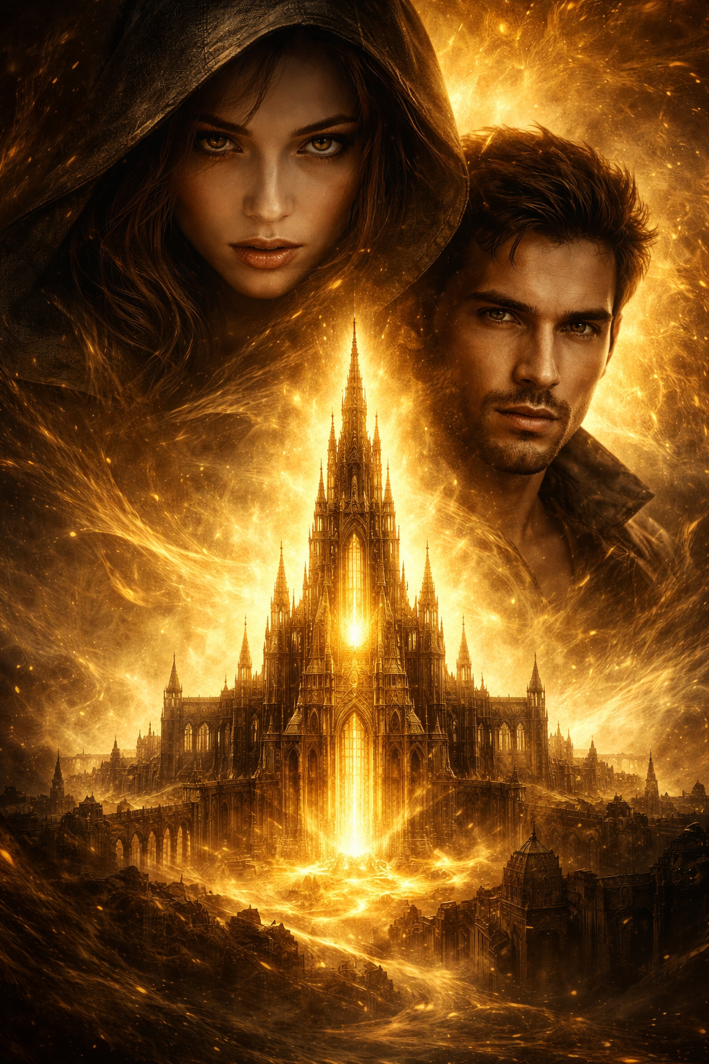 Fiery fantasy scene featuring a glowing gothic cathedral and two hooded figures emerging from flames.