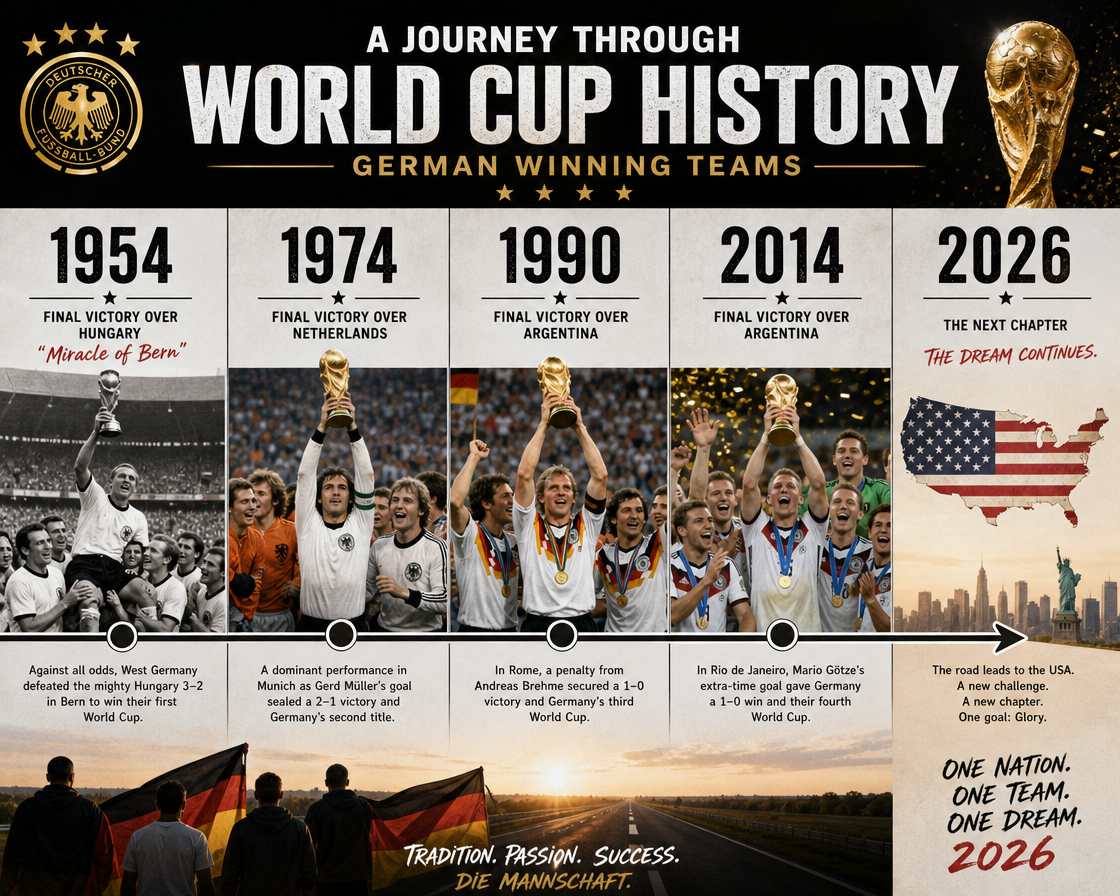 Collage-style infographic showing Germany's World Cup winning teams with trophies from 1954, 1974, 1990, 2014 and hints of...